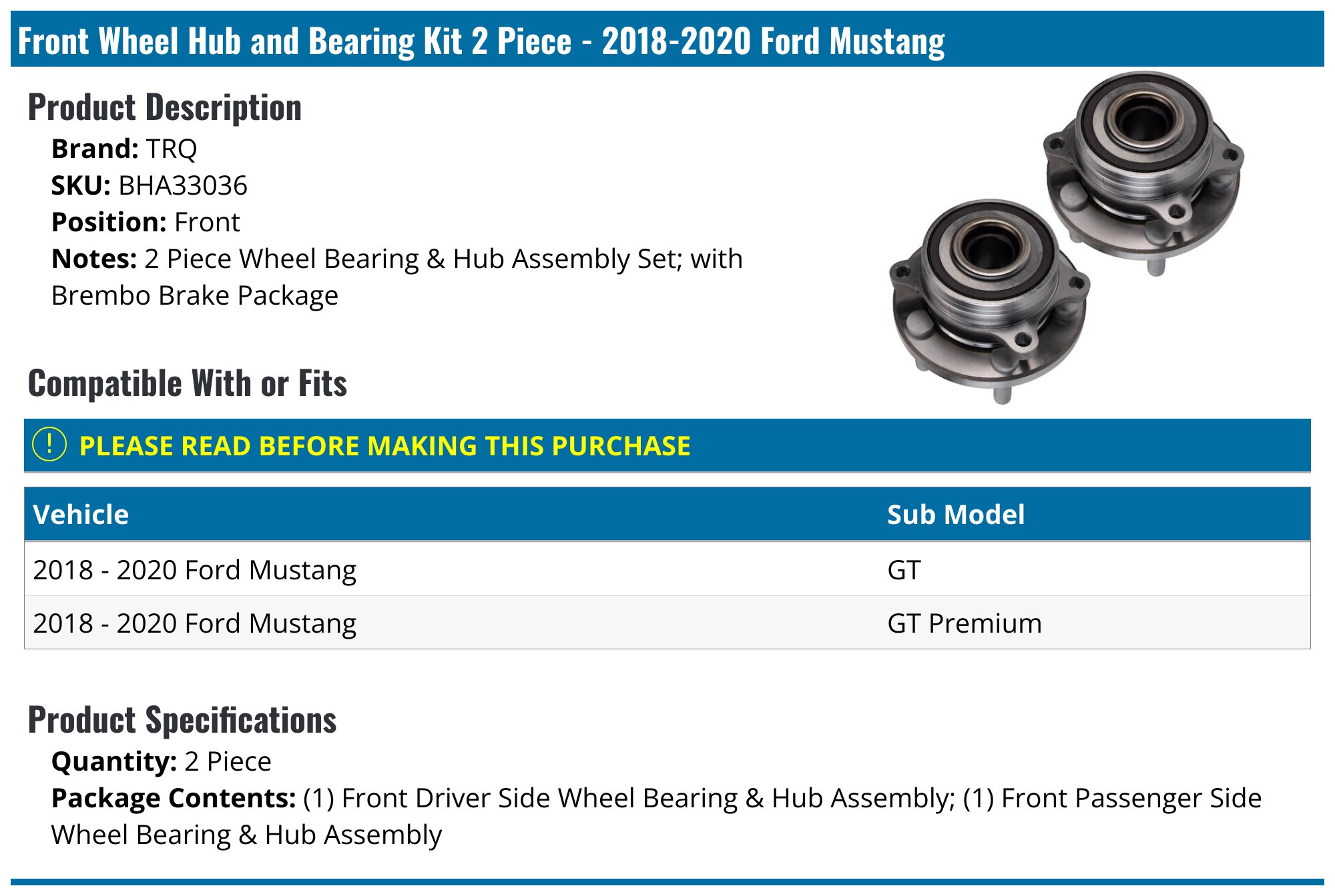 Front Wheel Bearing Hub Assembly For 2015-2020 Ford Mustang - Fits All Engines (Detroit Axle)