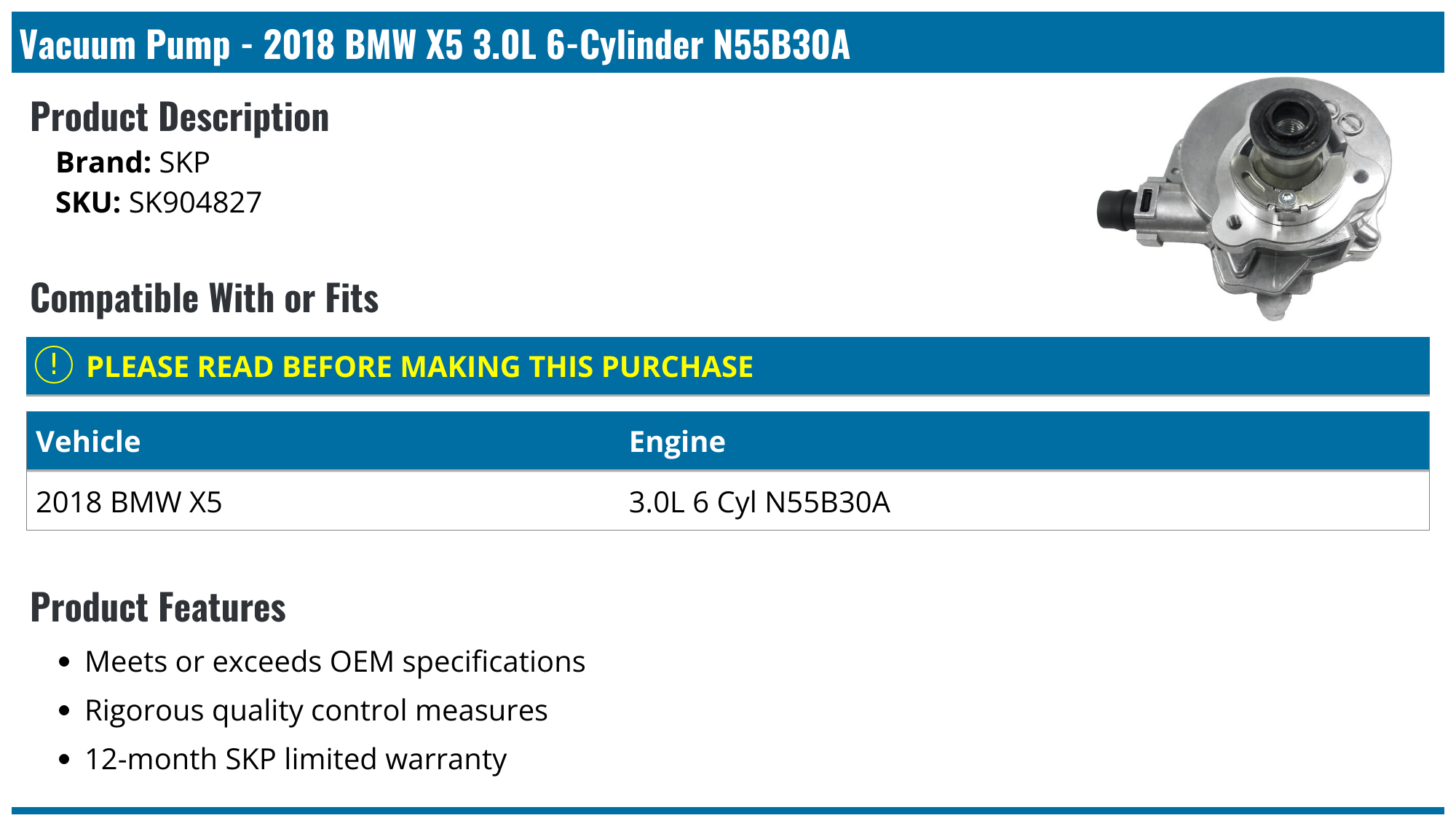 2018 BMW X5 Vacuum Pump SKP SK904827