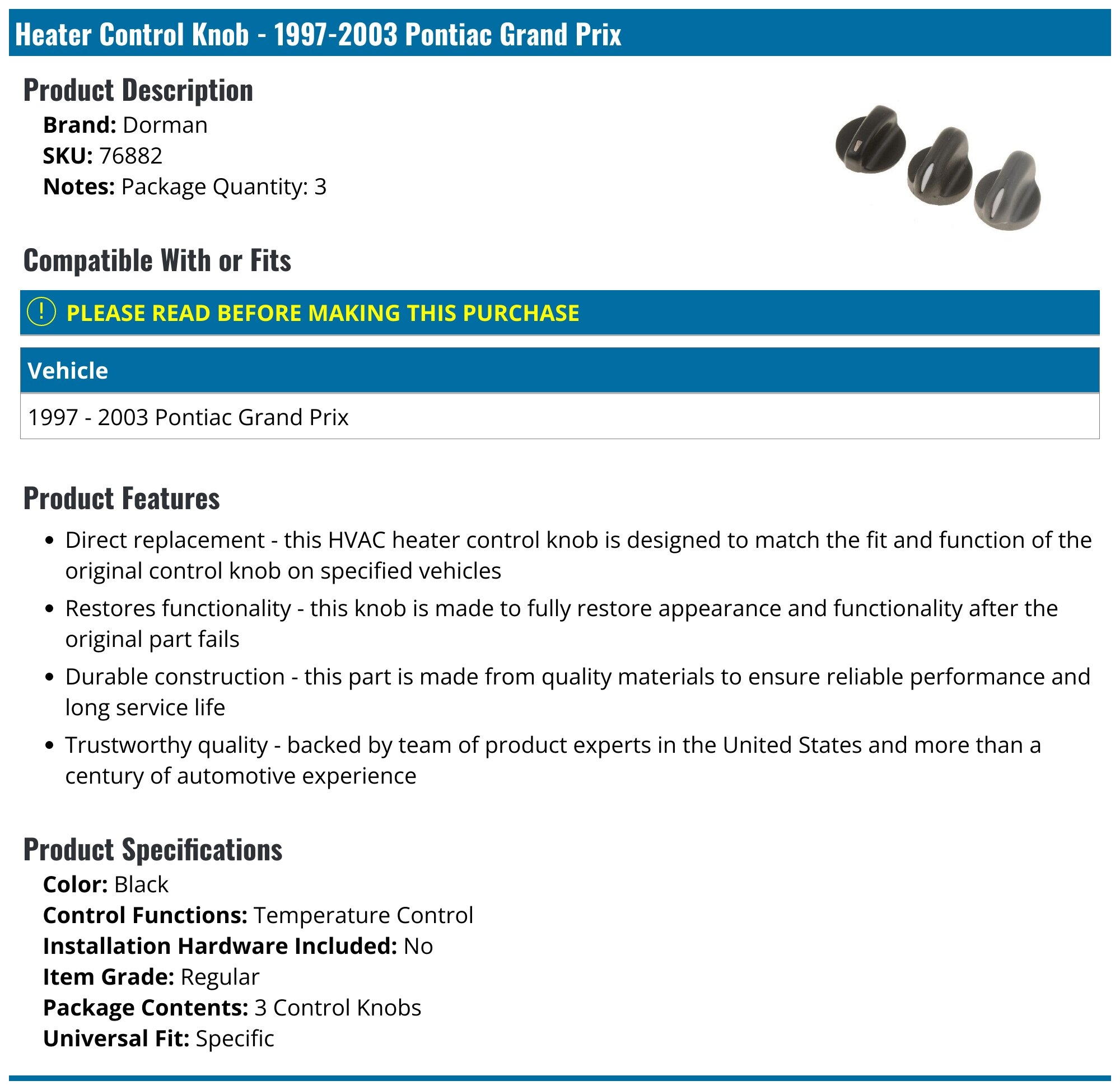 19972003 Pontiac Grand Prix Heater Control Knob Dorman 76882