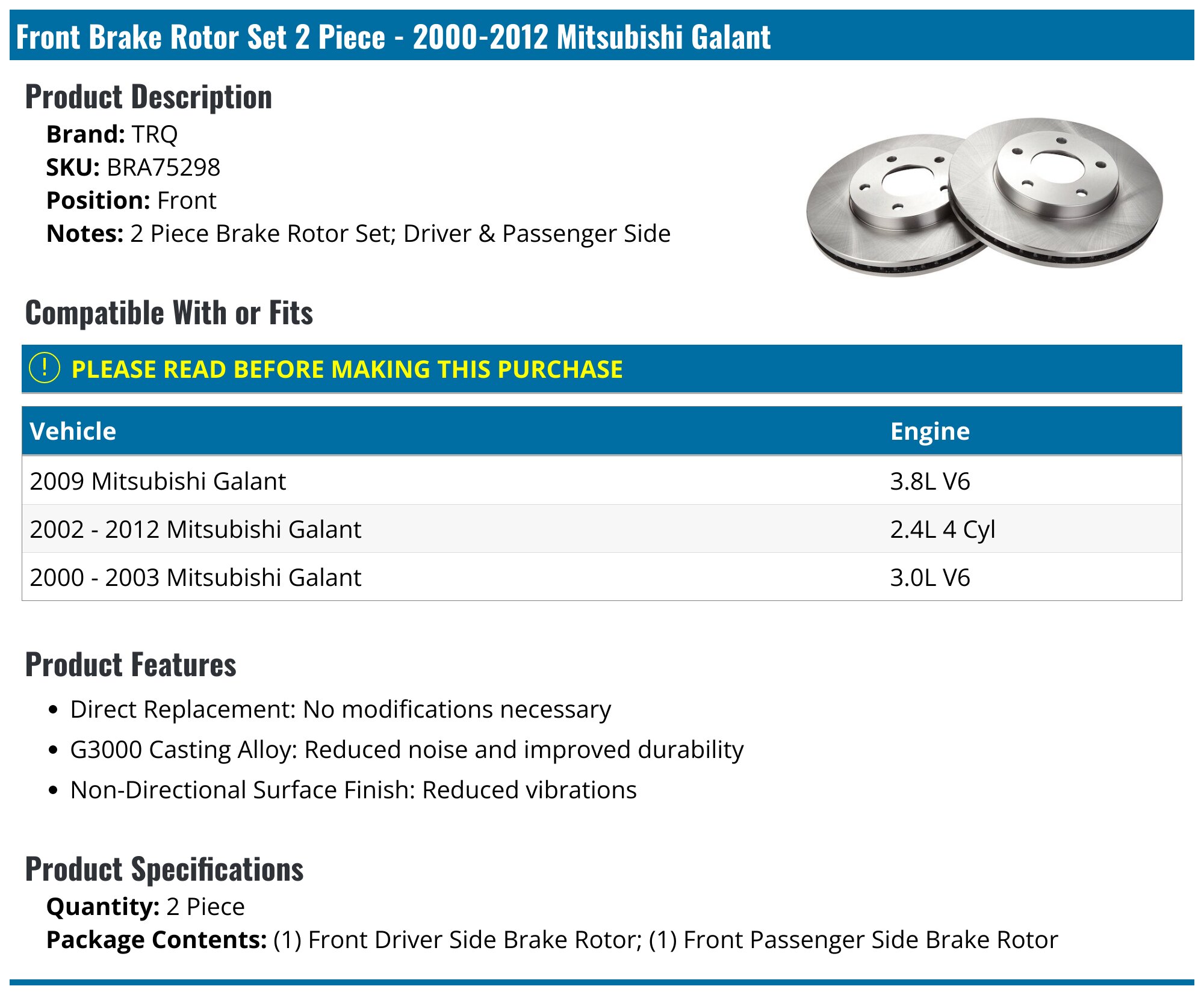 AutoShack 10.31 (262 mm) Rear Solid Brake Rotors Replacement for 2006-2009 Mitsubishi Eclipse 2004-2009 Mitsubishi Galant 2-PC Set, Rotors