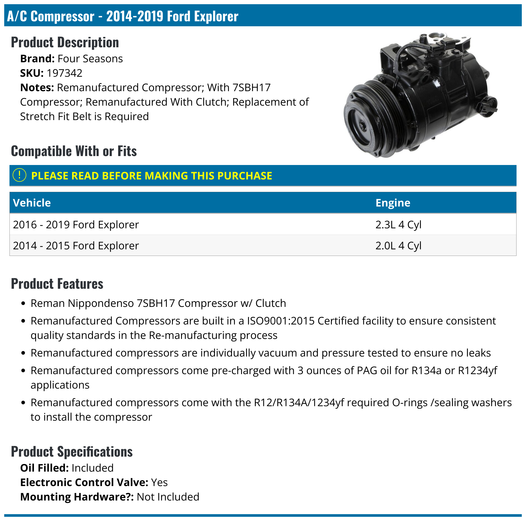 2014-2019 Ford Explorer A/C Compressor - Four Seasons 197342 ...