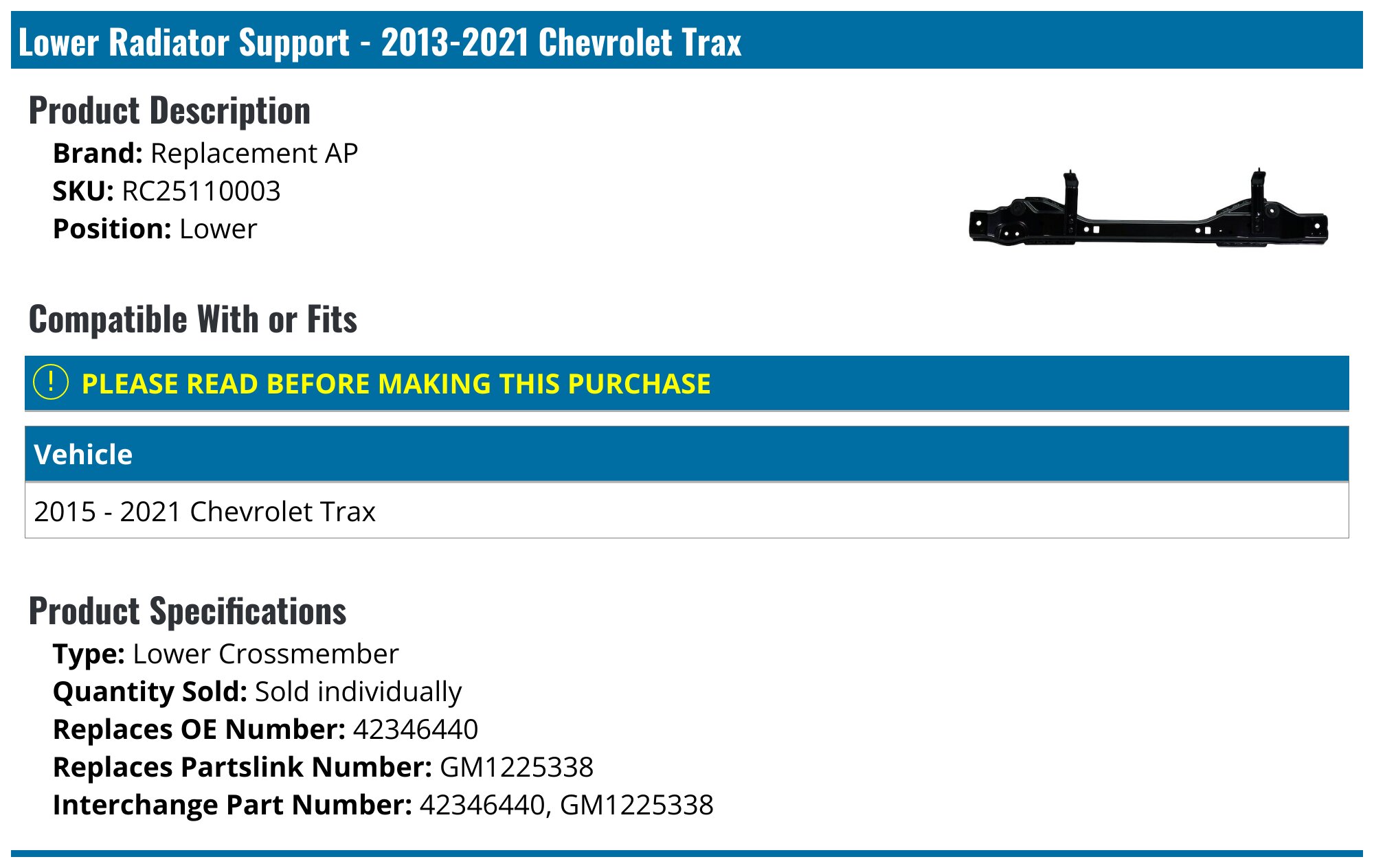 2013-2021 Chevrolet Trax Radiator Support - Replacement AP RC25110003 ...