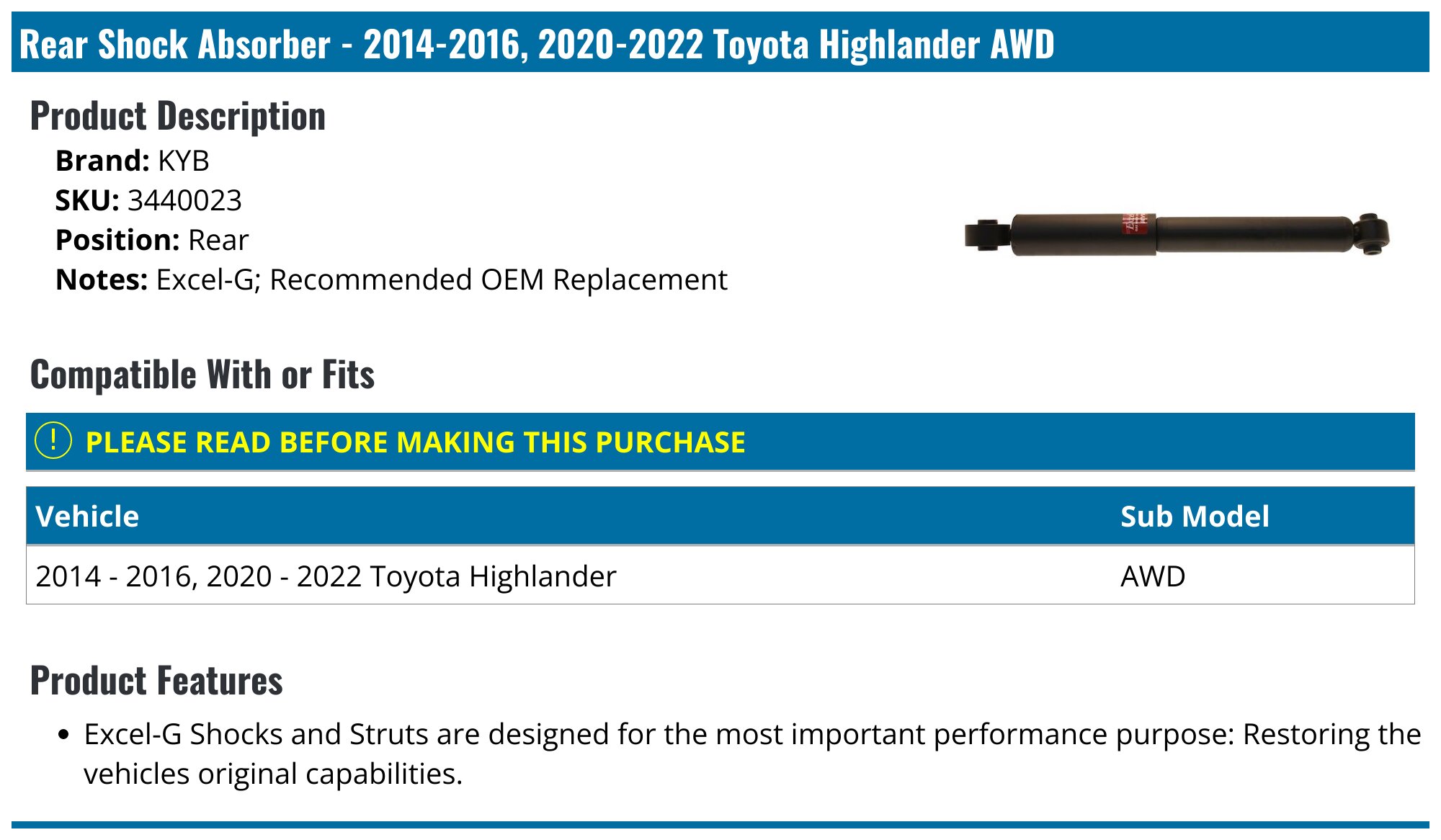 2014-2016, 2020-2024 Toyota Highlander Shock Absorber - KYB 3440023 ...