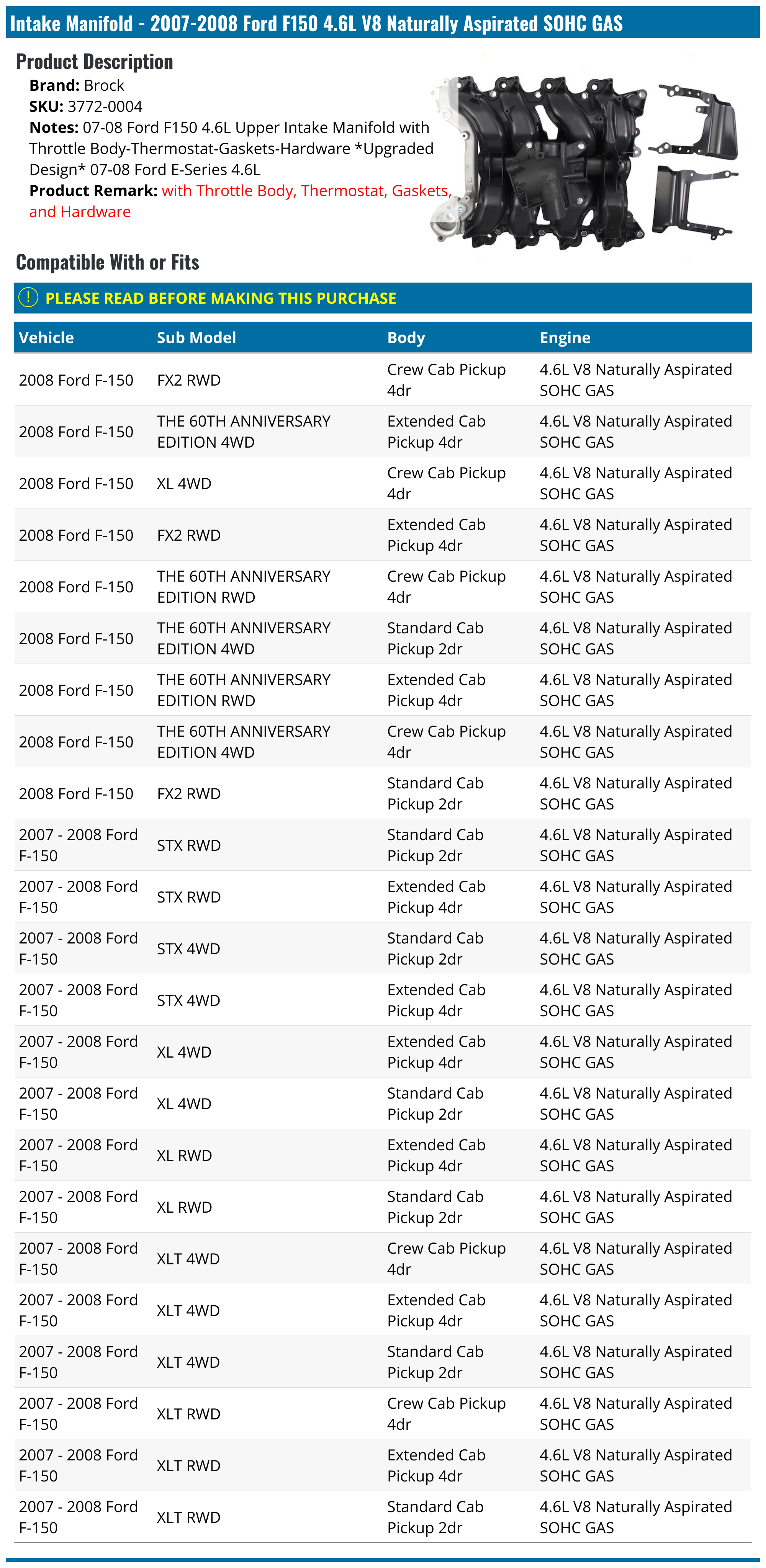 20072008 Ford F150 Intake Manifold Brock 37720004
