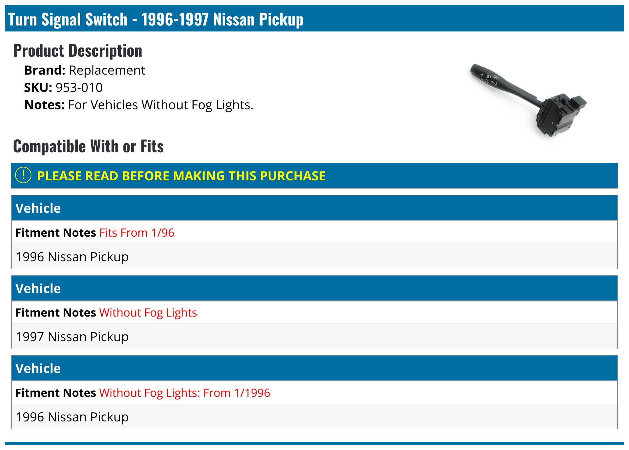 Autodayplus Turn Signal Switch & Wiper Combo For Nissan Pickup 2.4L / Pathfinder 3.0L 1994-1995 - Driver Side