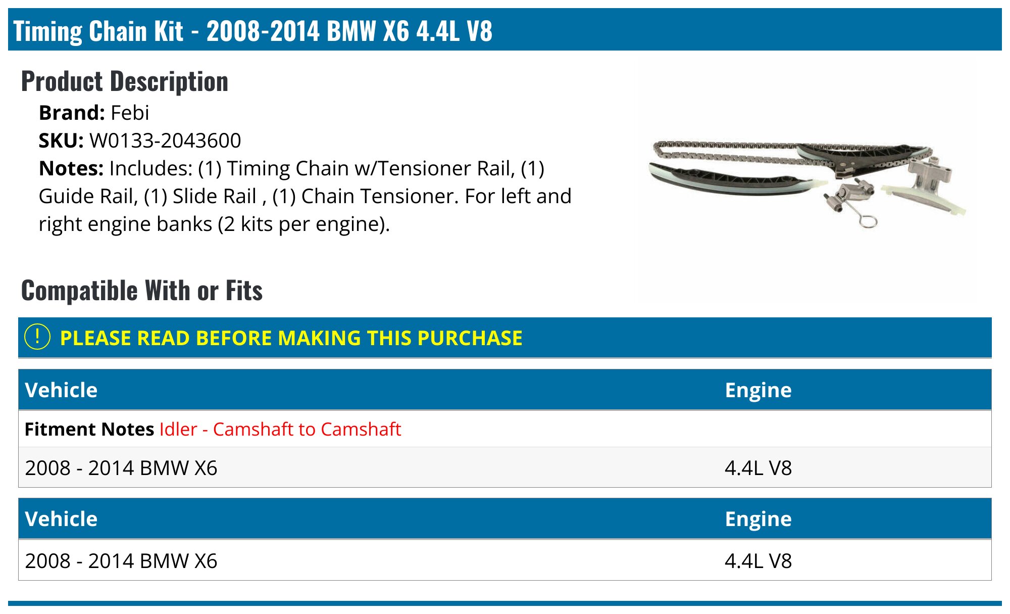 20082014 BMW X6 Timing Chain Febi W01332043600