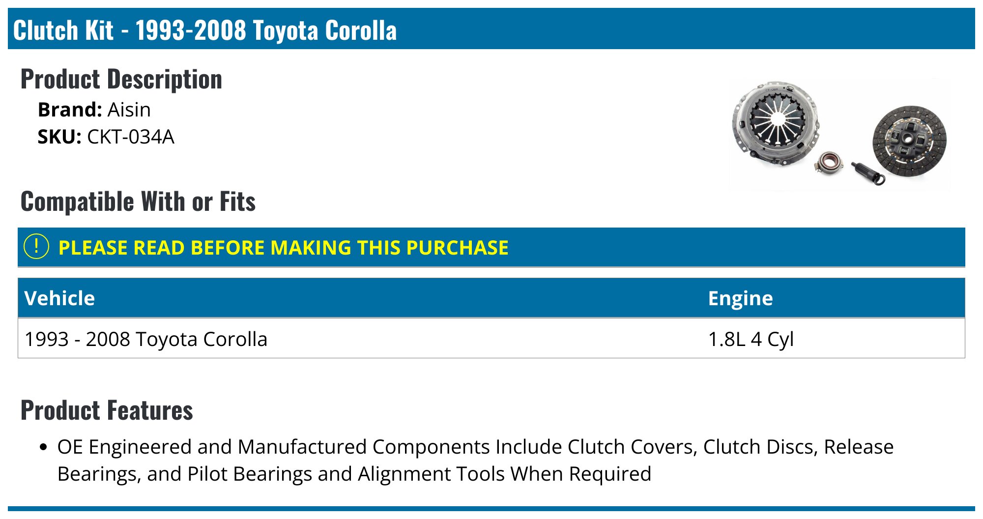 1993-2008 Toyota Corolla Clutch Kit - Aisin CKT-034A - PartsGeek.com
