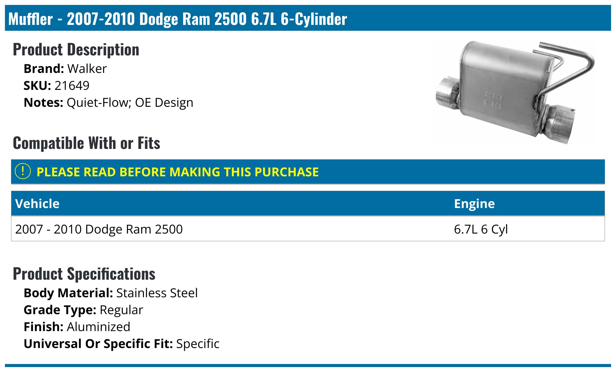 Walker 54856BC SoundFX Direct Fit Muffler For 1994-1997 Dodge Ram 1500 RWD - 1994 1995 1996 1997