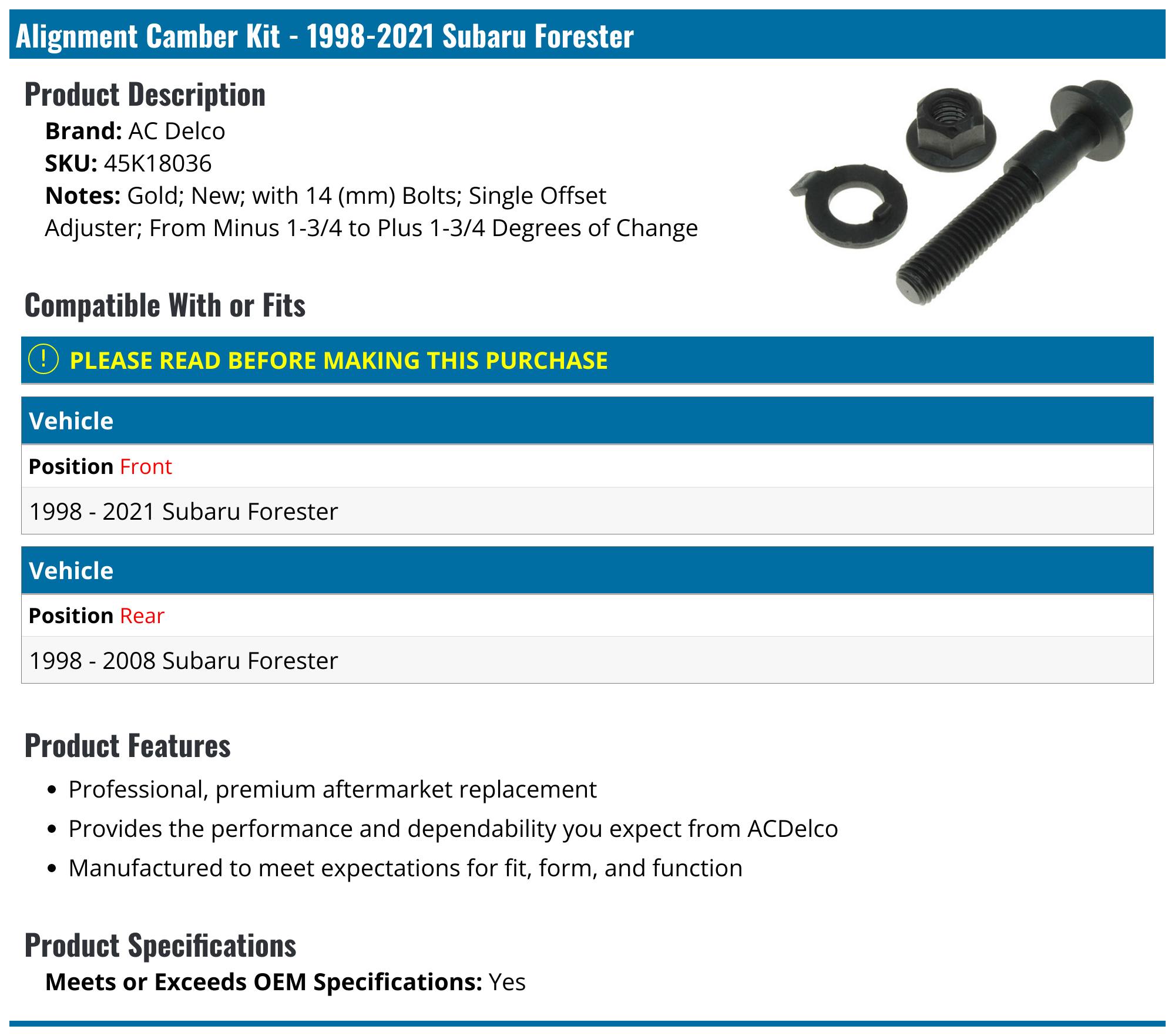 19982021 Subaru Forester Alignment Camber Kit AC Delco 45K18036