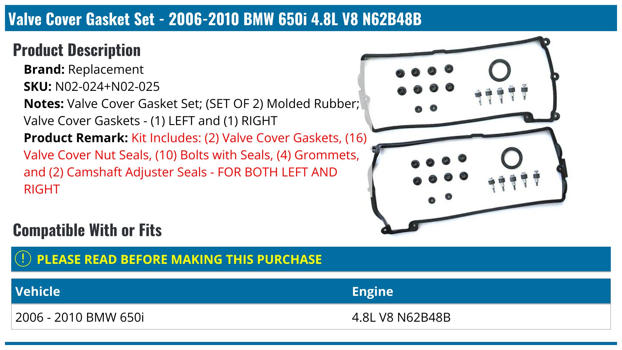 Complete Valve Cover Set (L&R) W/ Gaskets For BMW 545i 550i 650i 745i 750i X5 4.8L