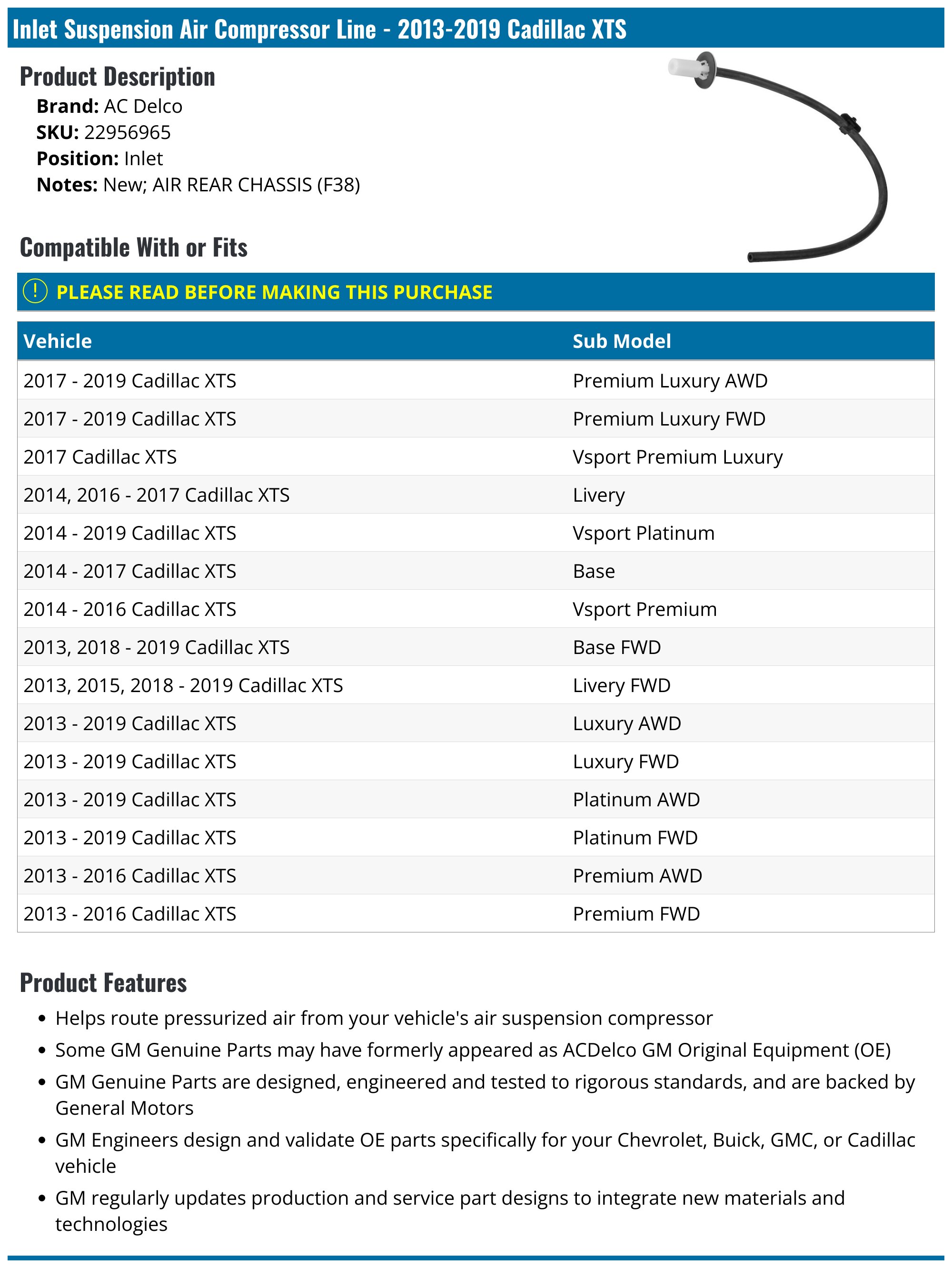 2013-2019 Cadillac XTS Suspension Air Compressor Line - AC Delco ...