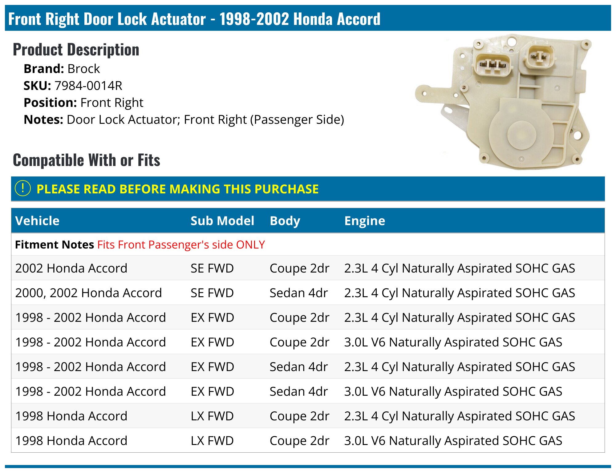 Happy19star Set Of 4 Door Lock Actuators For Honda Accord 1998-2002 - Front & Rear, New