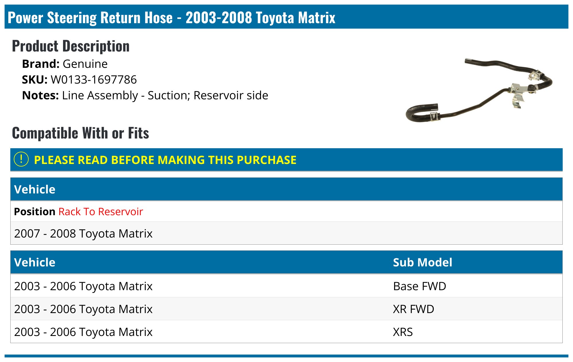 Power Steering Hose Assembly For 2003-2008 Toyota Corolla – Replaces 83794MB