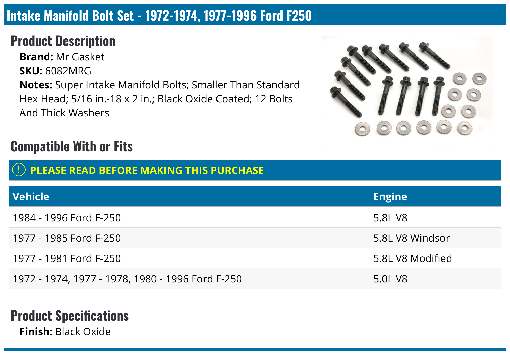 ＹＯＵ様 R 1972-1974, 1977-1996 Ford F250 Intake Manifold Bolt Set - Mr