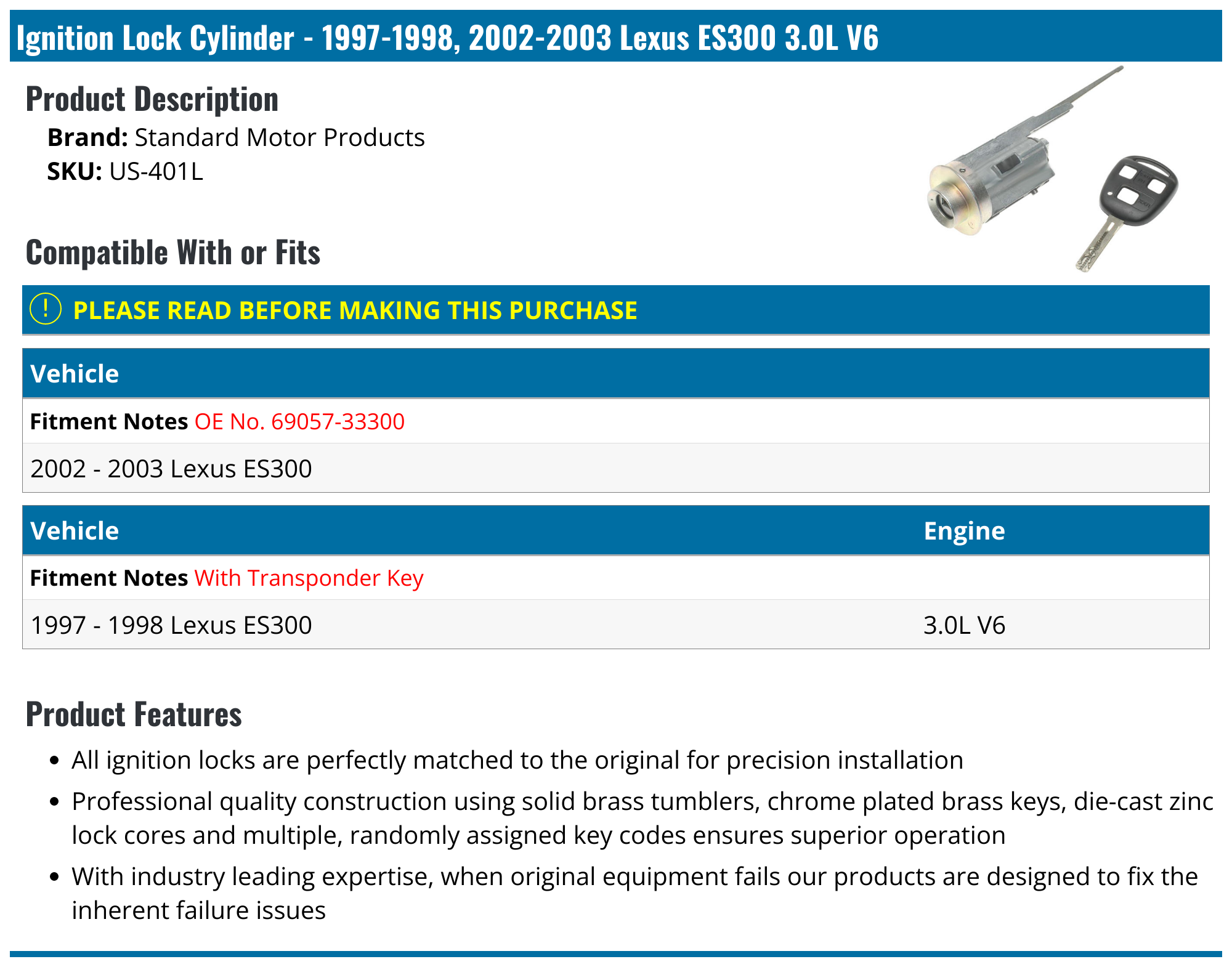 1997-1998, 2002-2003 Lexus ES300 Ignition Lock Cylinder - Standard