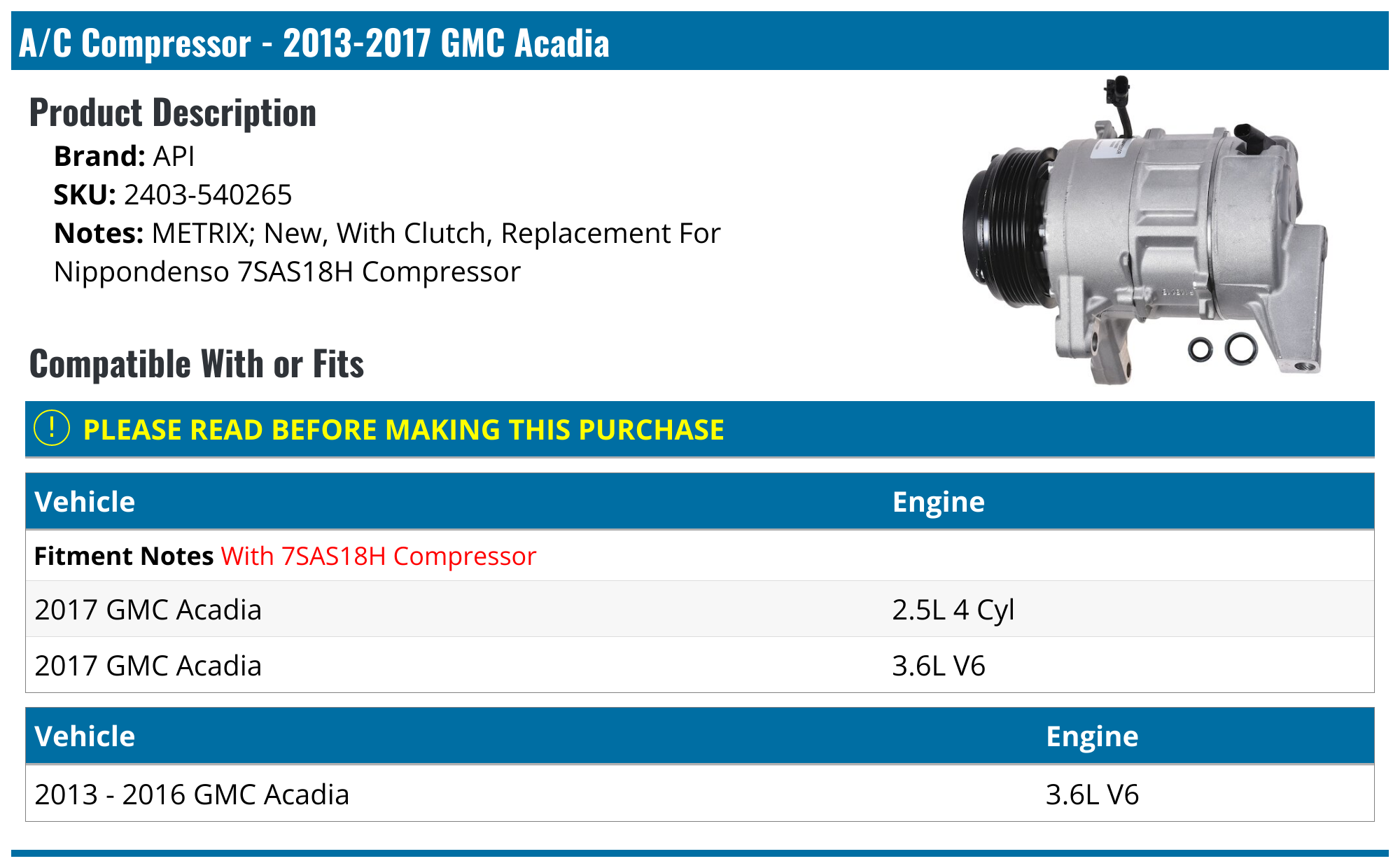2013-2017 GMC Acadia A/C Compressor - API 119729-02064471 - PartsGeek.com