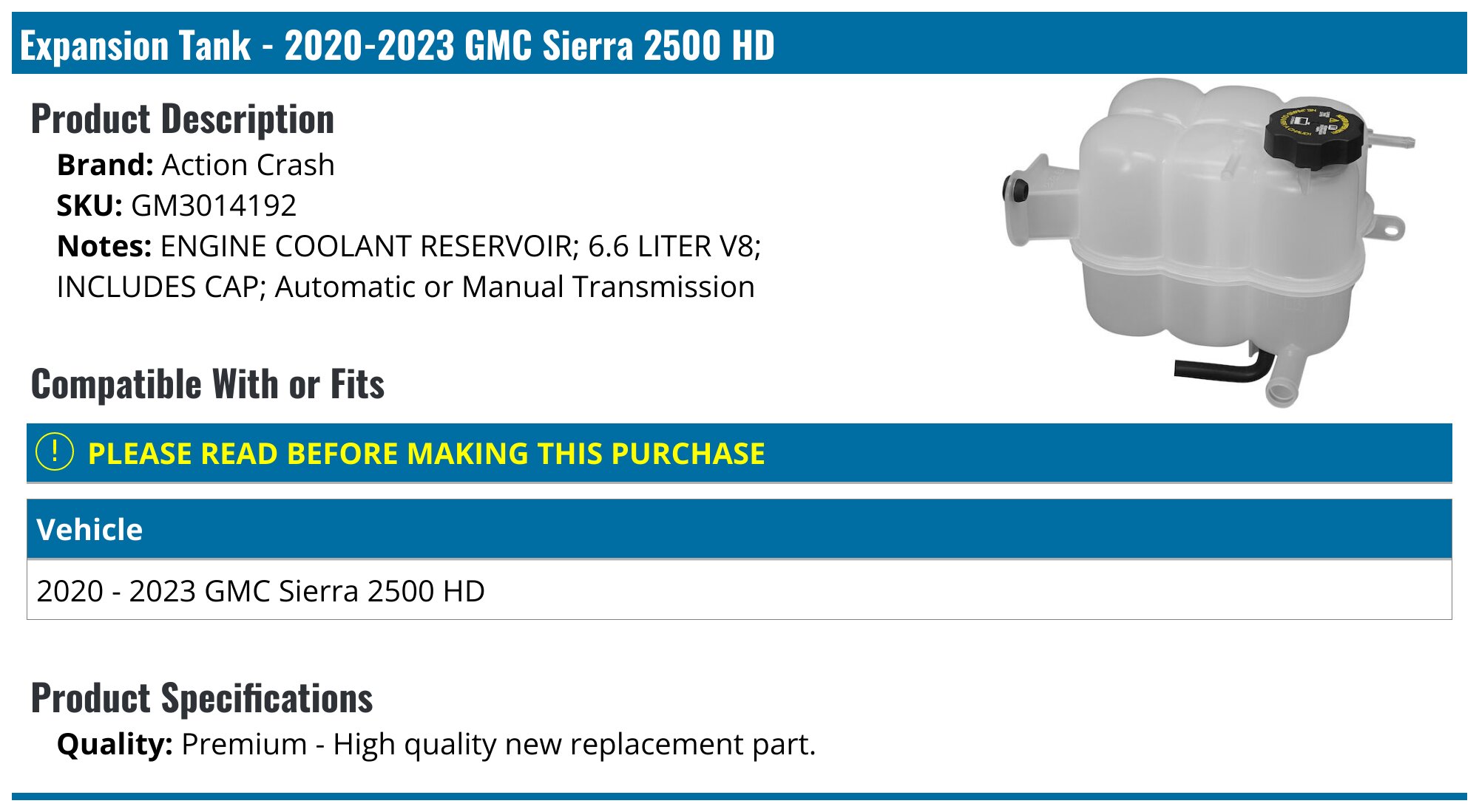 2020-2023 GMC Sierra 2500 HD Expansion Tank - Action Crash GM3014192 ...