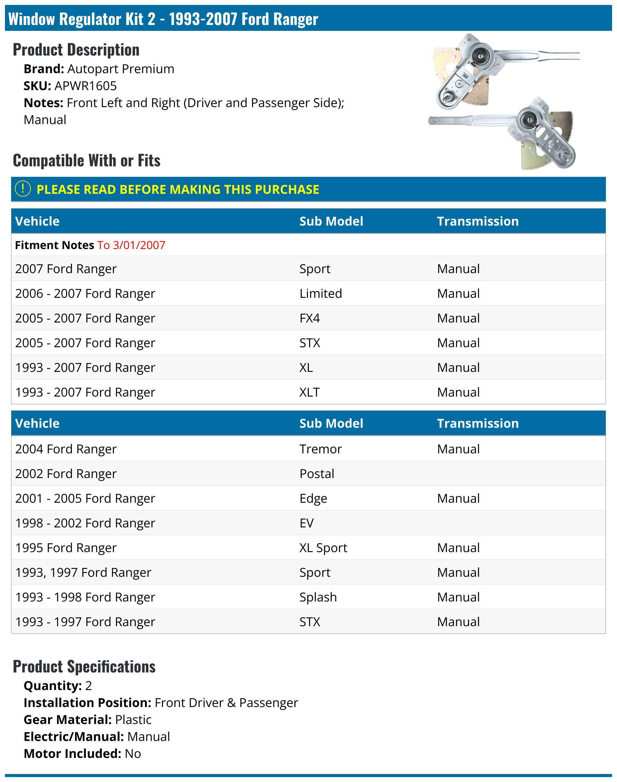 1993-2007 Ford Ranger Window Regulator - Autopart Premium APWR1605 ...