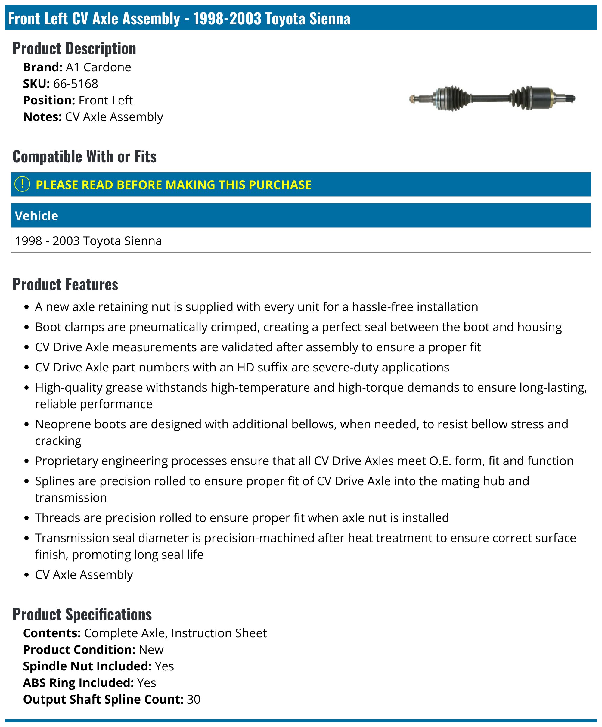 Front Passenger Rght CV Jont Boot Axle Shaft TrakMotve fts Toyota