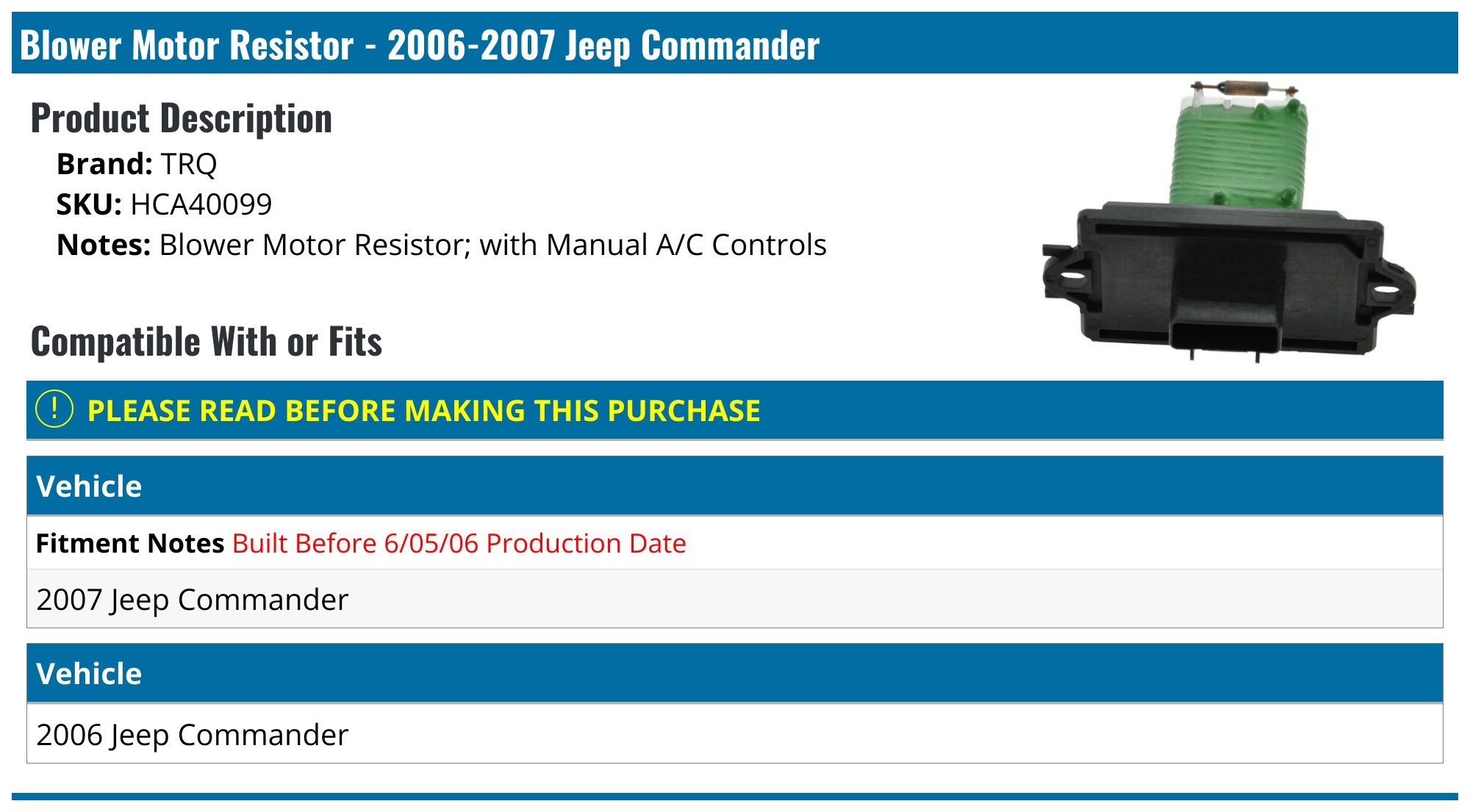 Jeep Commander Blower Motor Resistor - Replacement Blower Motor ...