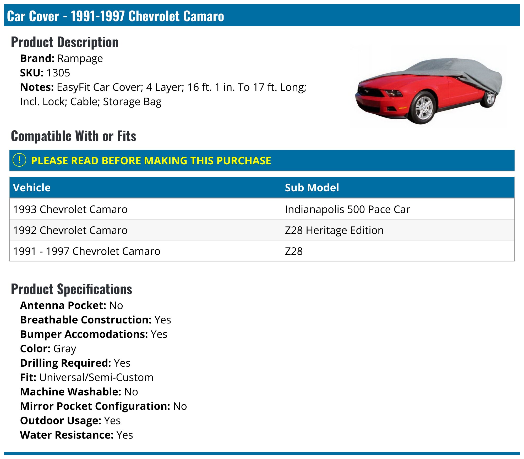 1992 Chevrolet Camaro Custom Fit Car Covers | California Car Cover Co