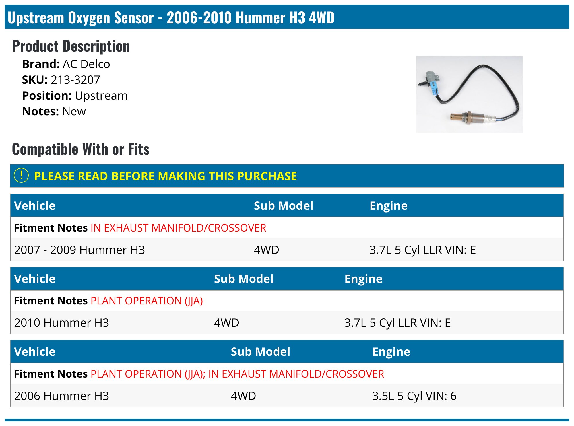 YuZong Sensore di Ossigeno per Hummer H3 3.7L 2007-2010 H3T 3.7L 2009 2010 234-4294 234-4331,O2 Sensore Sensore Ossigeno