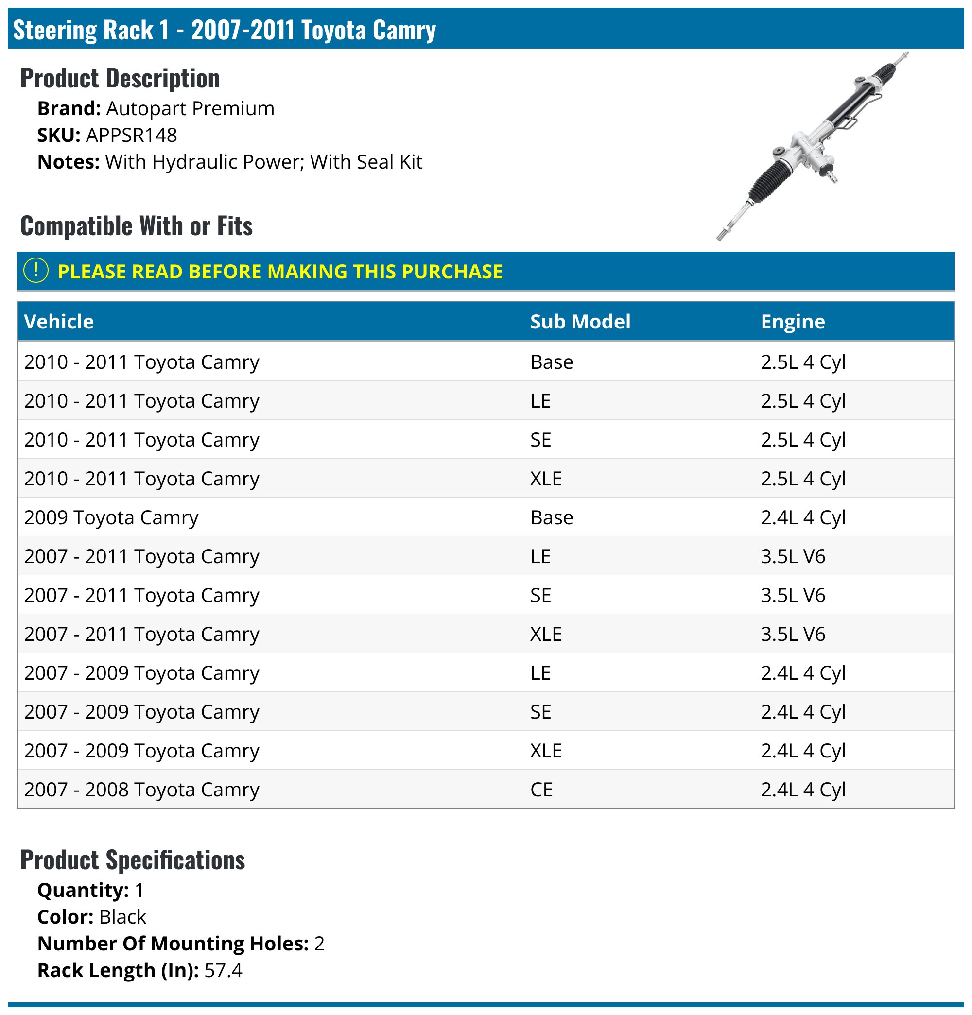 2007-2011 Toyota Camry Steering Rack - Autopart Premium APPSR148 ...