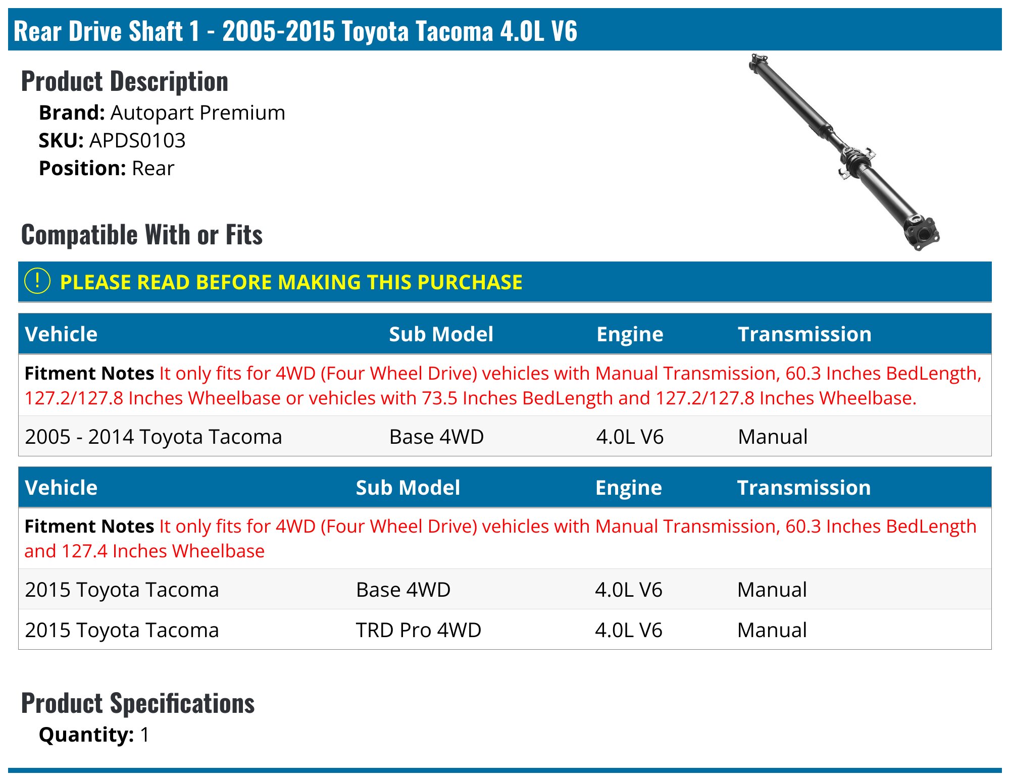 20052015 Toyota Drive Shaft Autopart Premium APDS0103 Rear