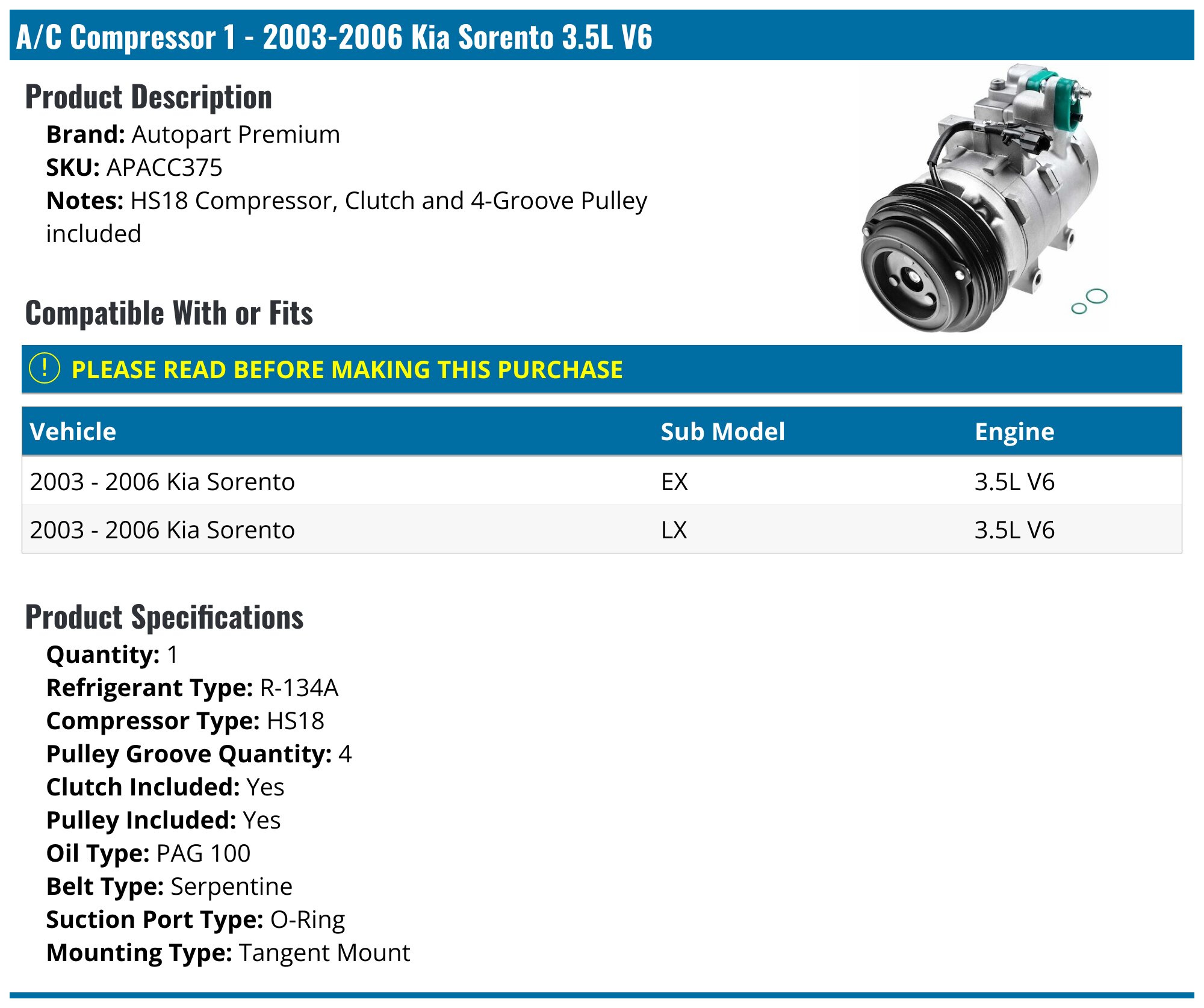 A-Premium AC Compressor & Clutch Kit (VS18E) For Kia Sorento & Hyundai Santa Fe Sport – Includes PAG46 Oil