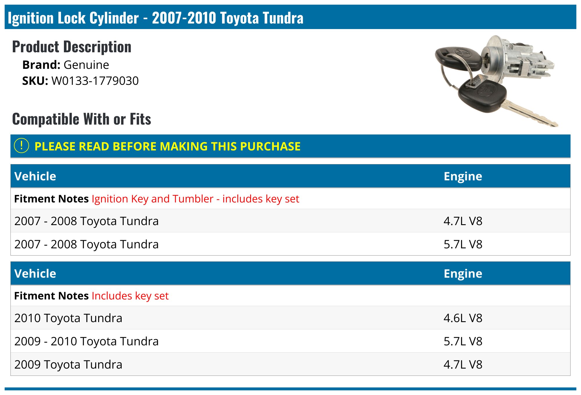 2007-2010 Toyota Tundra Ignition Lock Cylinder - Genuine W0133-1779030