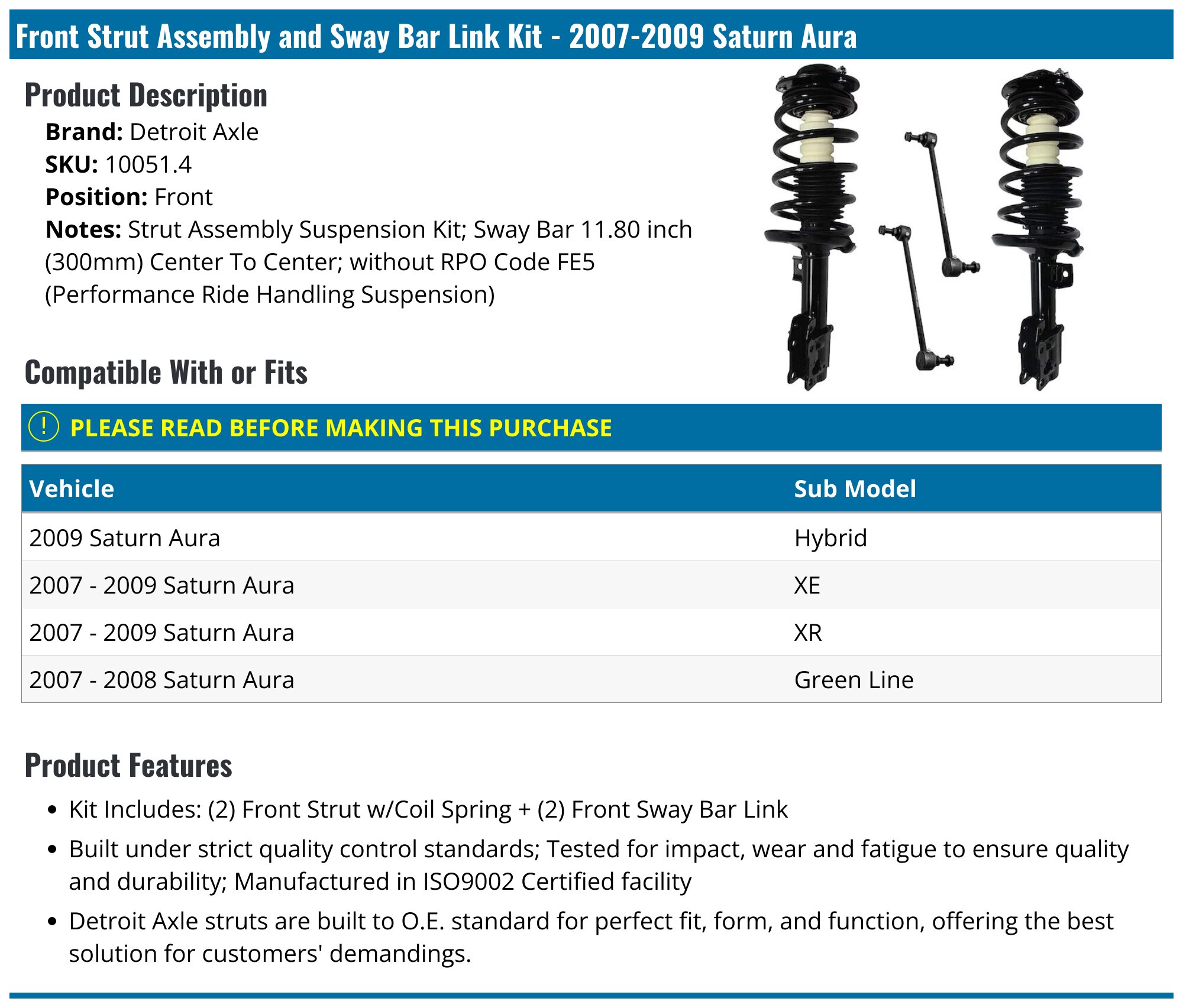 2007-2009 Saturn Aura Strut Assembly - Detroit Axle 10051.4