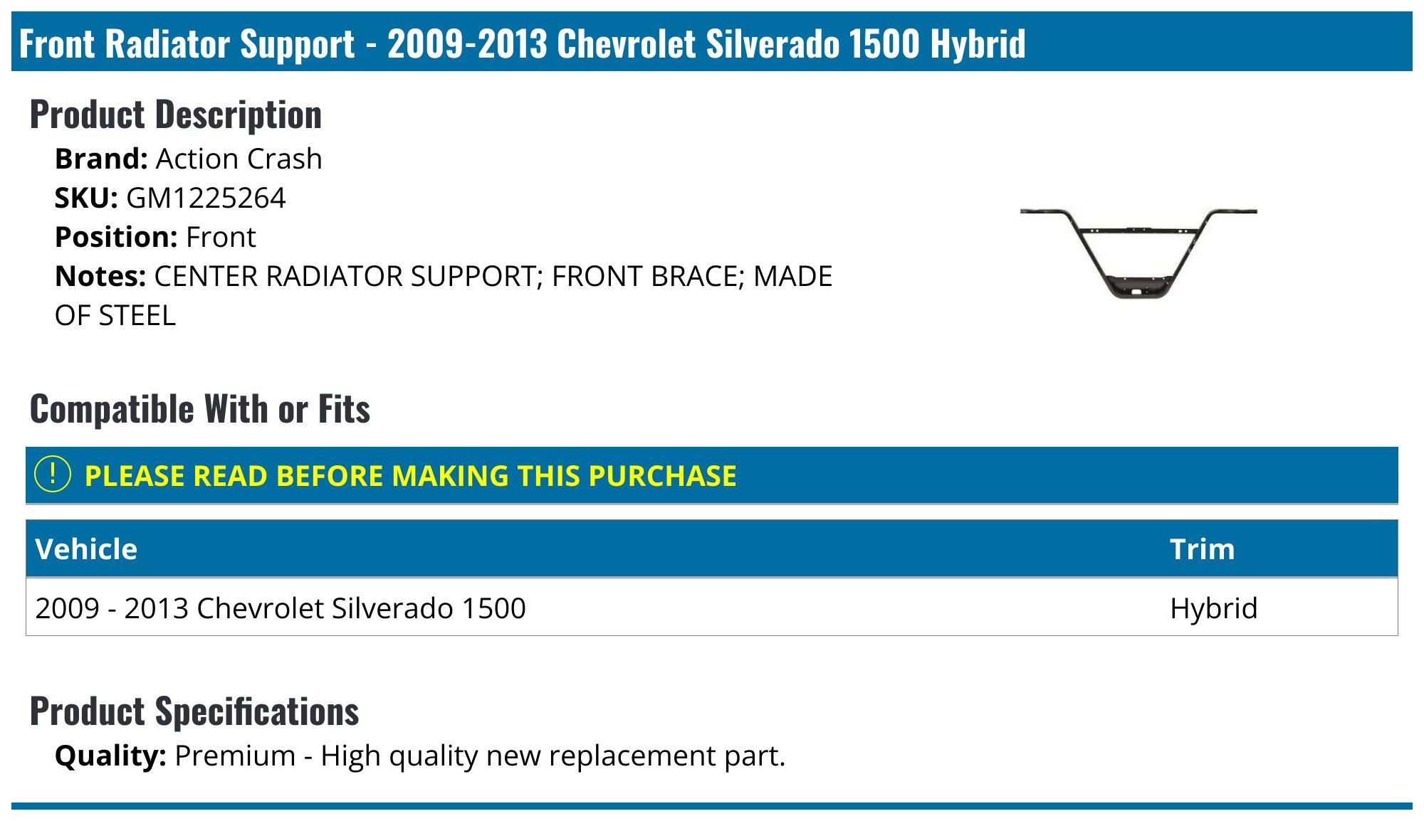 2009-2013 Chevrolet Silverado 1500 Radiator Support - Action Crash ...