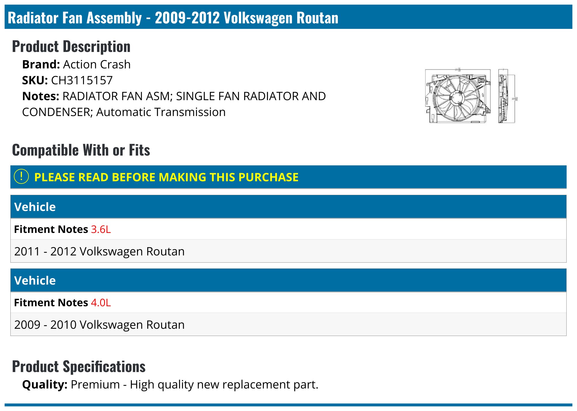 20092012 Volkswagen Routan Radiator Fan Assembly Action Crash