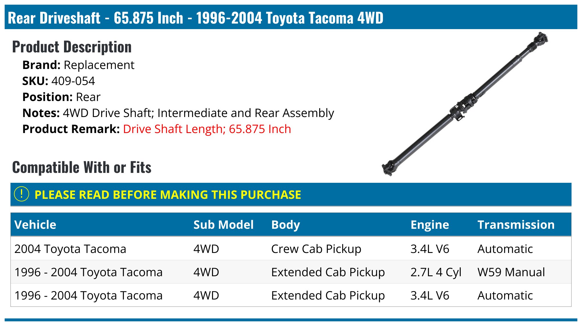 19962004 Toyota Drive Shaft Replacement 409054 Rear