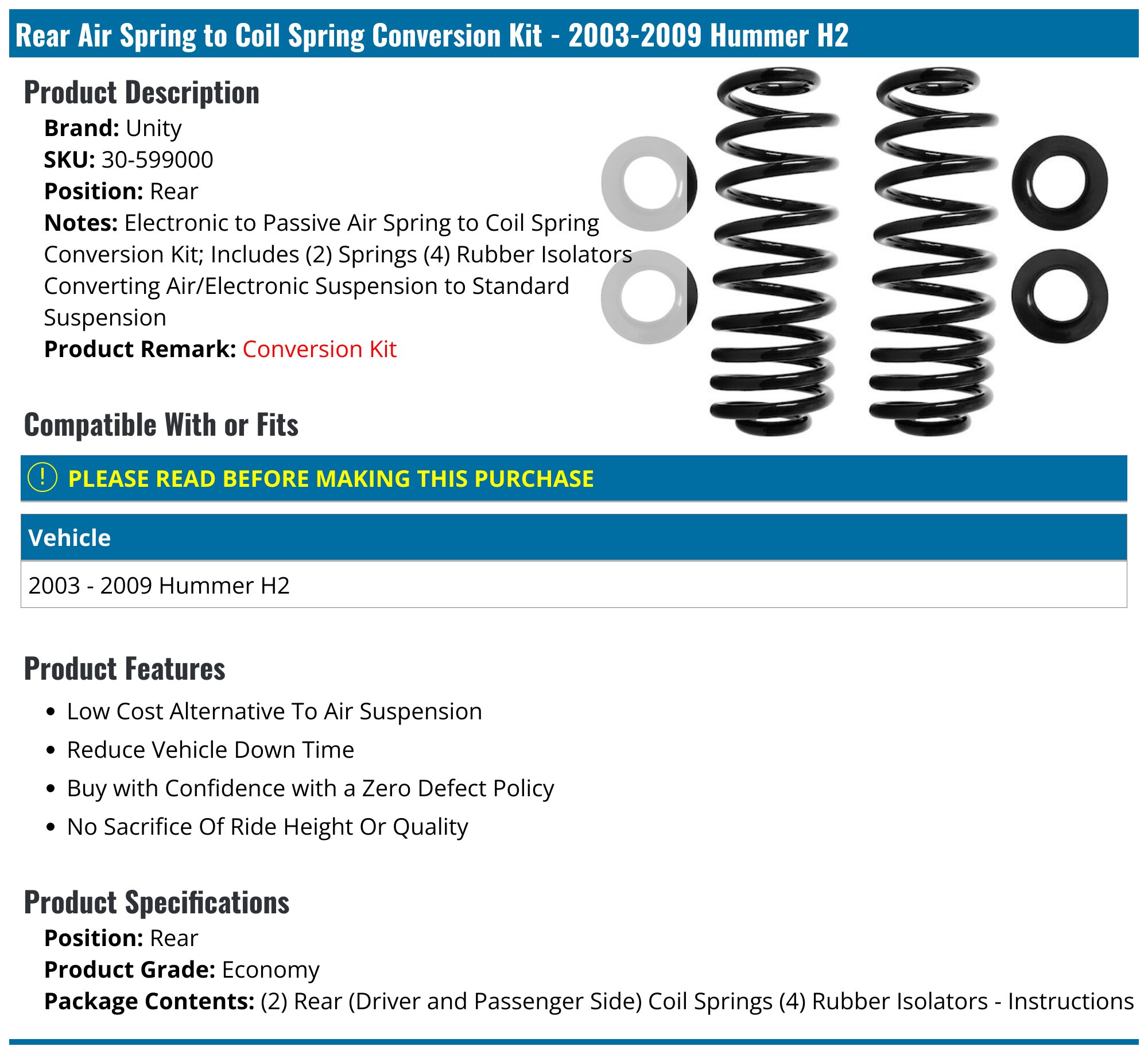 2003-2009 Hummer H2 Air Spring to Coil Spring Conversion Kit - Unity 30 ...