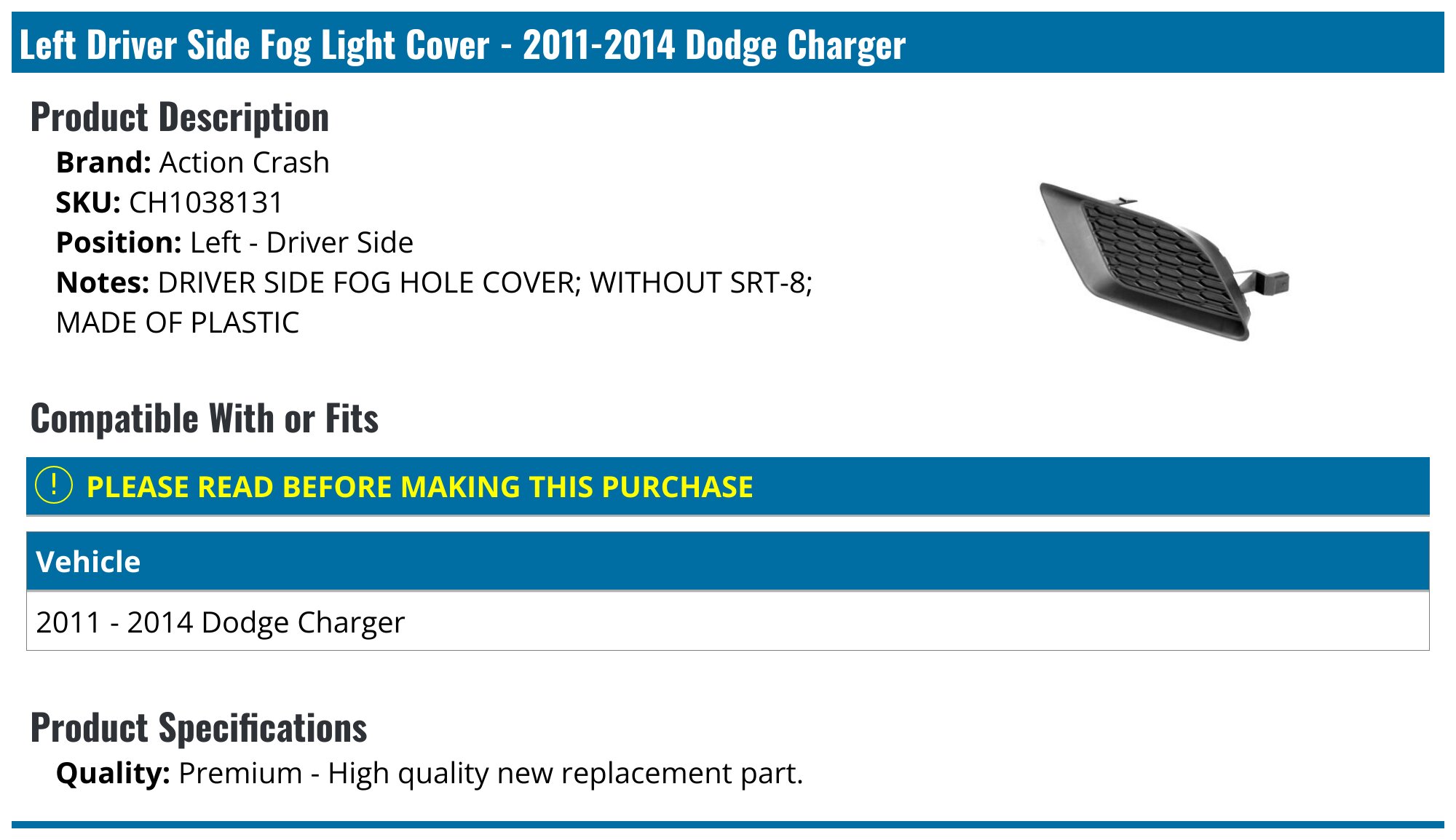 2014 dodge charger fog light cover 2011-2014 Dodge Charger 2PCS Fog Light Cover 68092570AA Generic