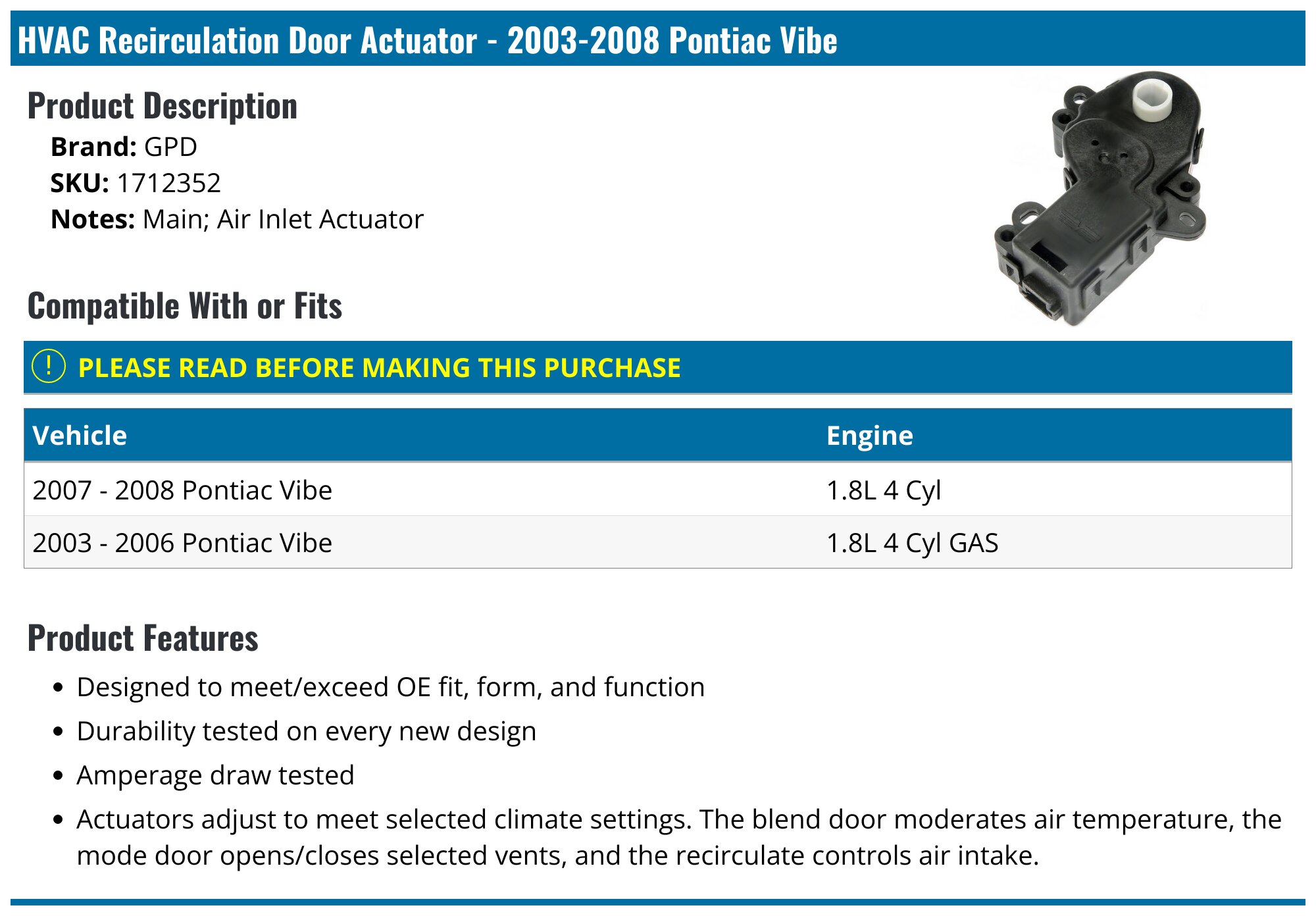 Actionneur De Porte De Mélange HVAC Pour Pontiac Vibe 2009-2010 - Neuf, Garantie 1 An - Modèles 604-192, 19184663