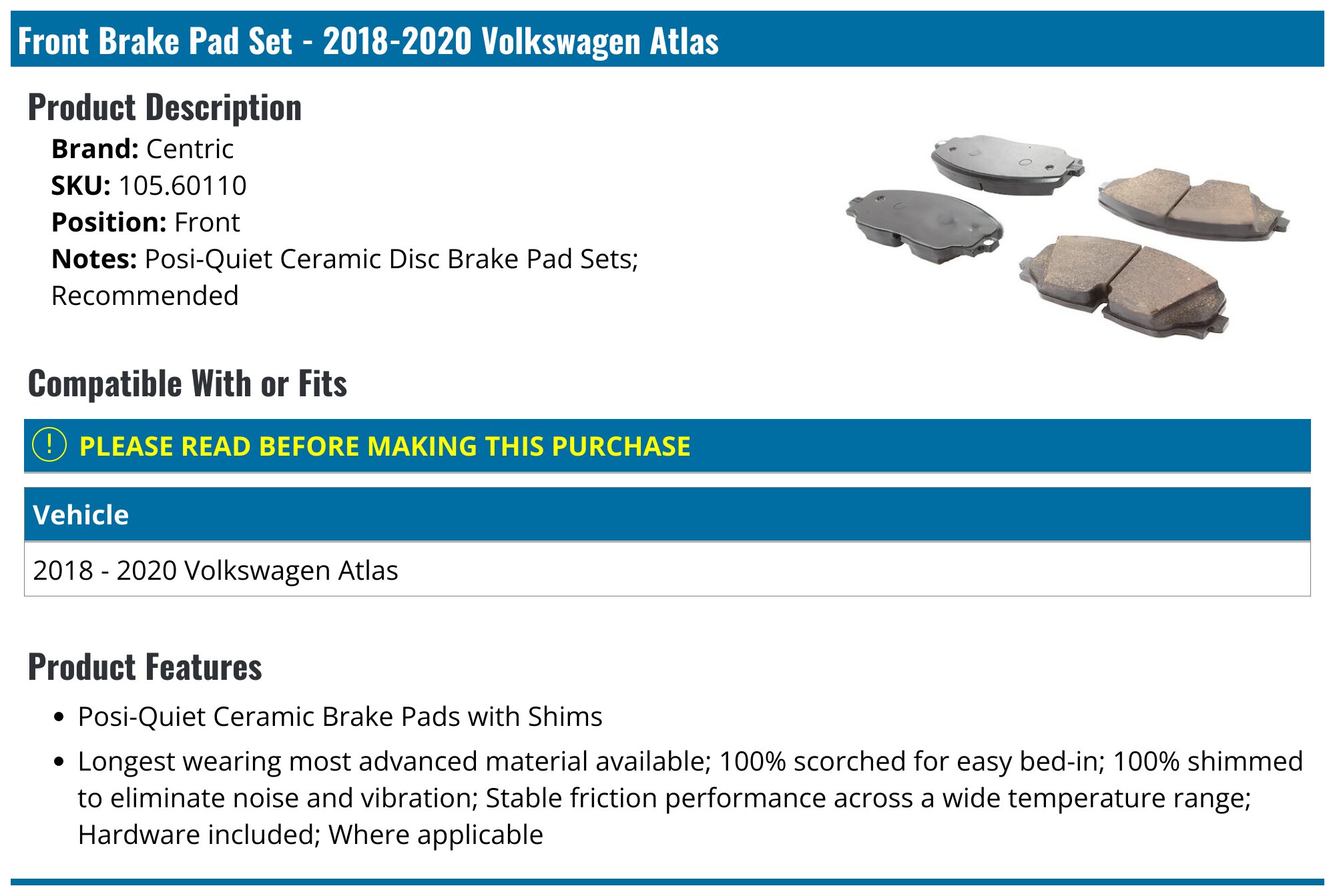 BOSCH Blue Front Brake Pads Ceramic For VOLKSWAGEN ATLAS 2018-2024, BE2074H | UK
