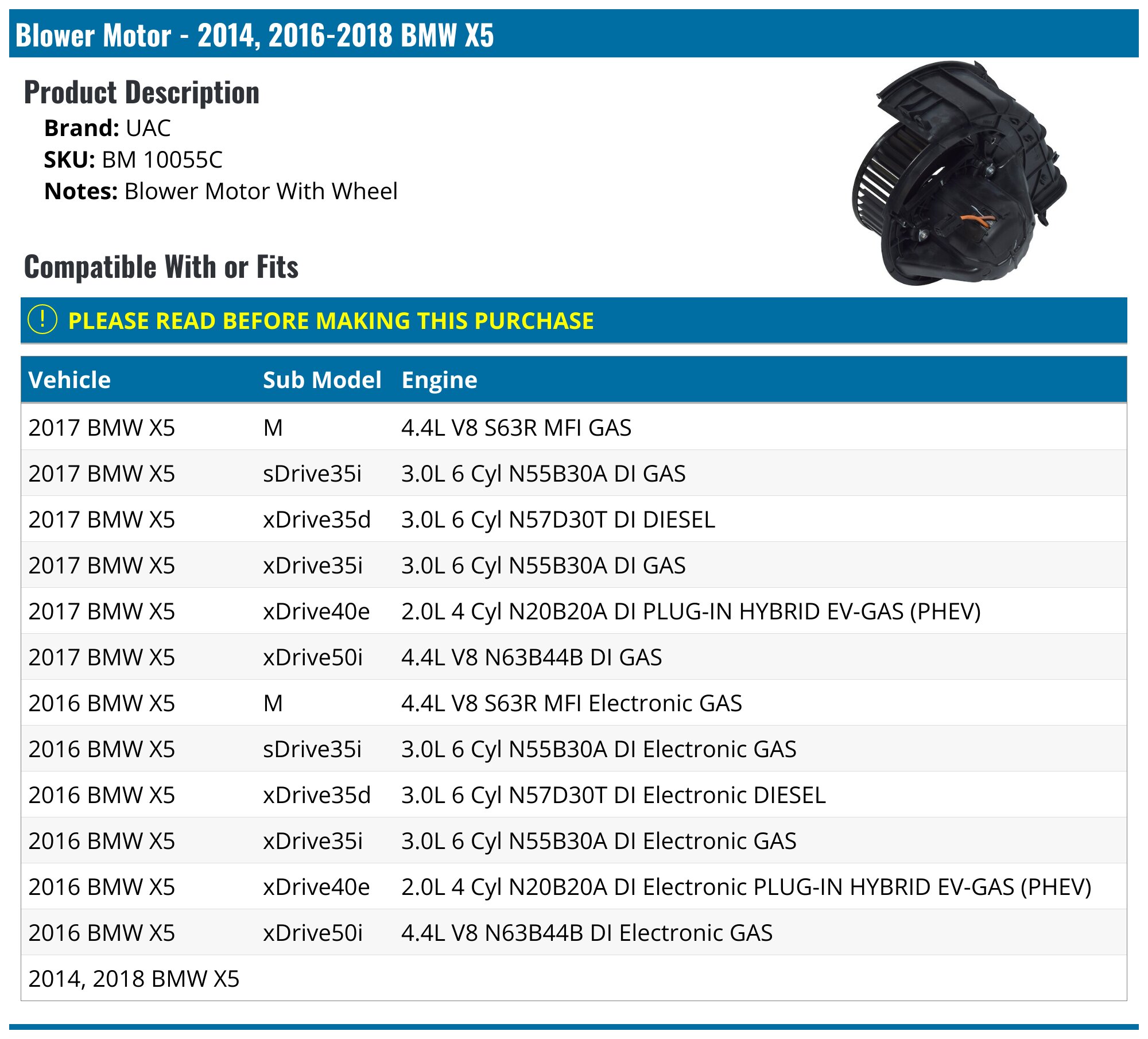 2014, 2016-2018 BMW X5 Blower Motor - UAC BM 10055C - PartsGeek.com