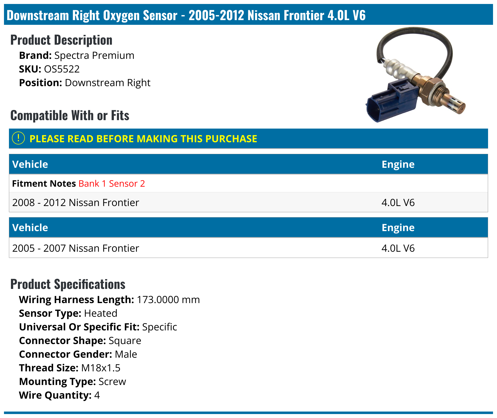 20052012 Nissan Frontier Oxygen Sensor Spectra Premium OS5522