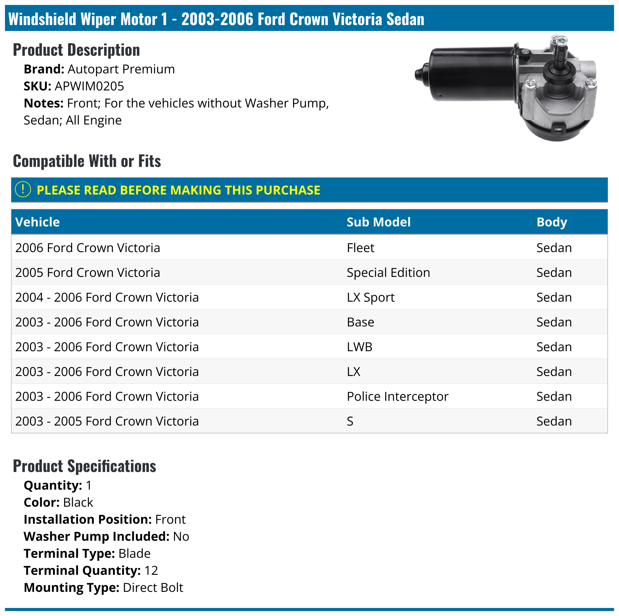 20032006 Ford Crown Victoria Windshield Wiper Motor Autopart Premium