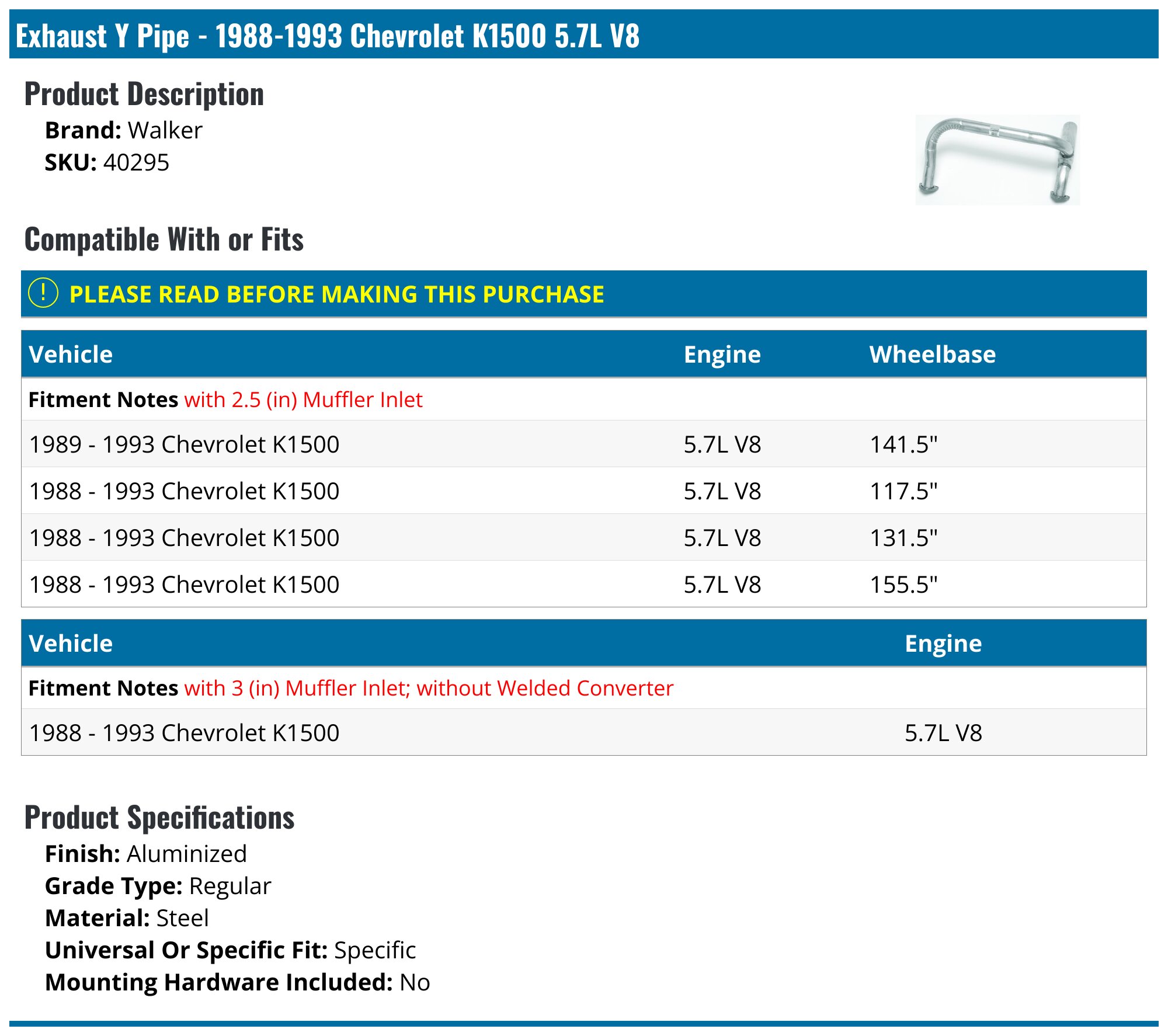 19881993 Chevrolet K1500 Exhaust Y Pipe Walker 40295