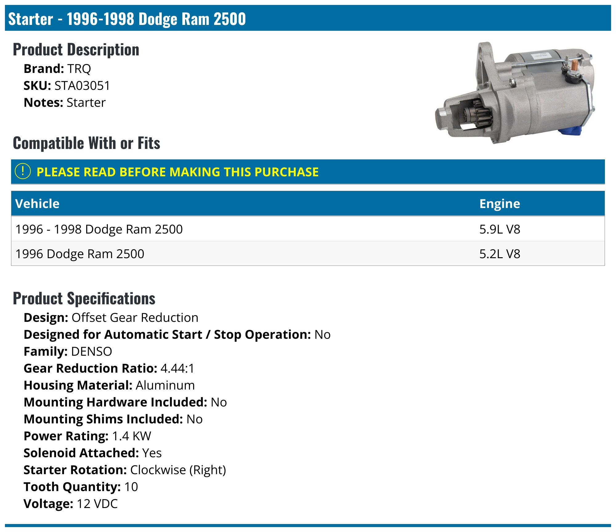 Motor De Arranque Nuevo Para Dodge Ram 2500/3500 V8 8.0L 1996-1998, 12V, 11 Dientes