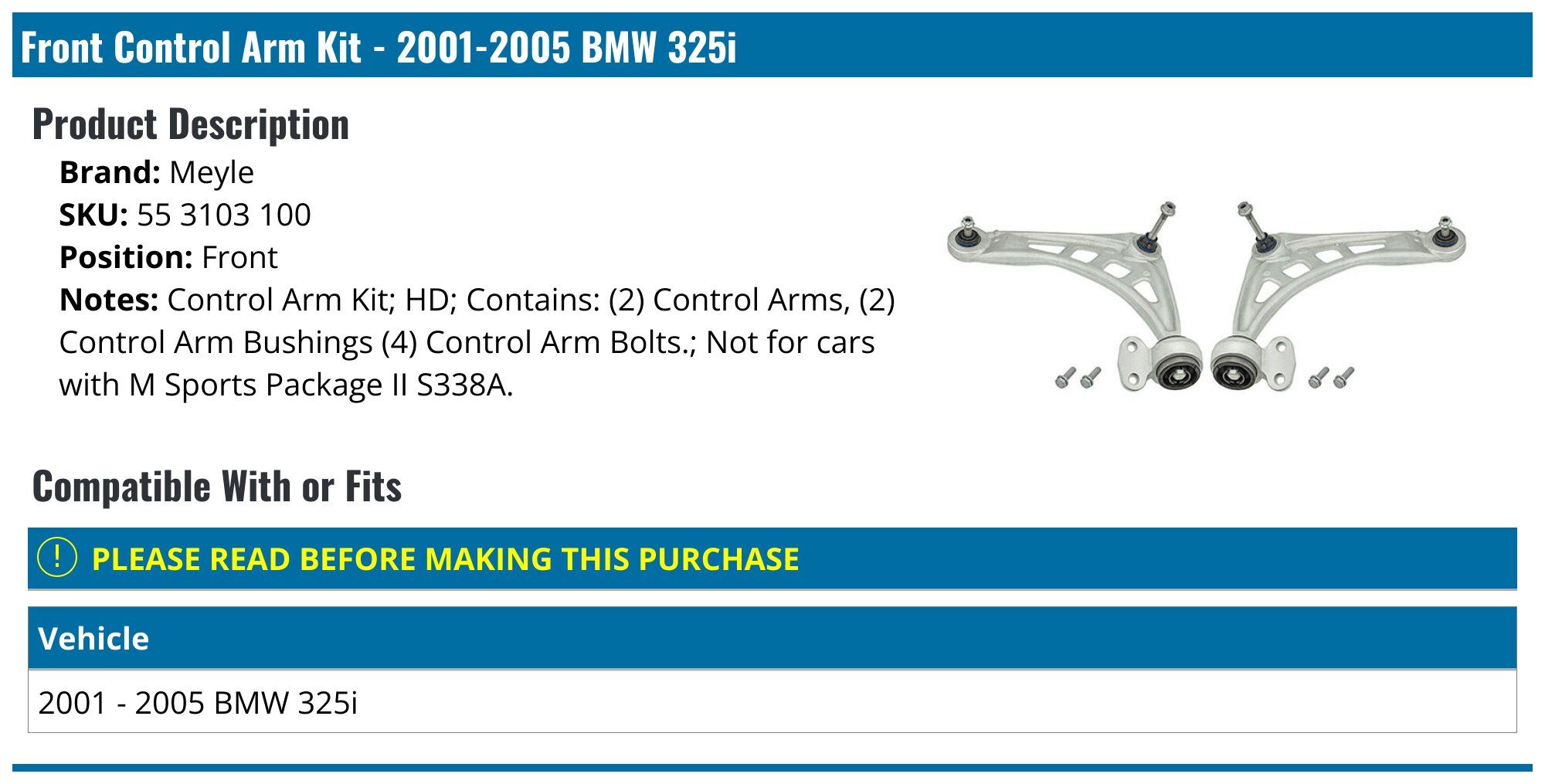 MEYLE HD Front Lower Track Control Arm Set W/ Bushes – For BMW E36 325i, 328i (3160503601/HD & 3160504311/HD)