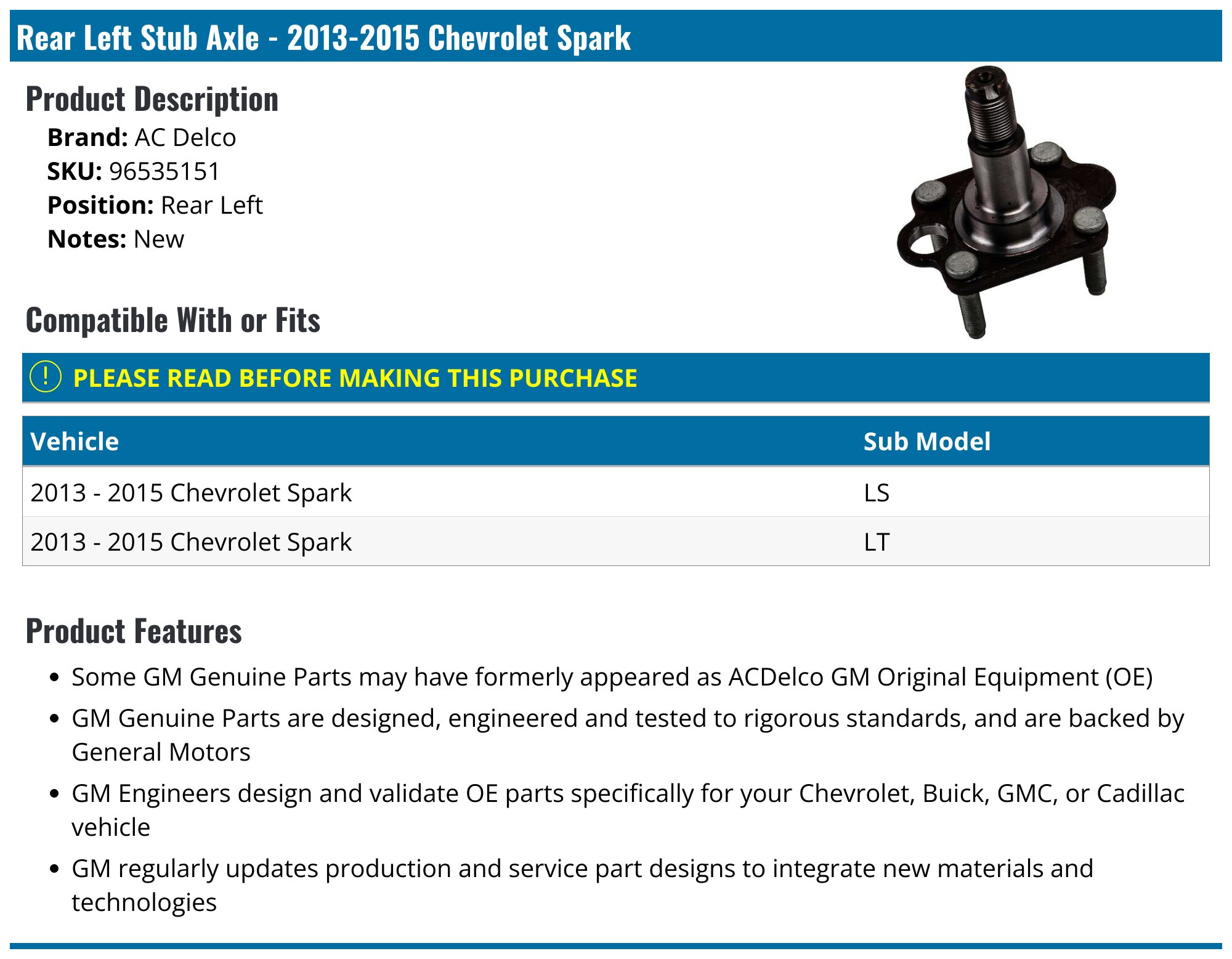 2013-2015 Chevrolet Spark Stub Axle - AC Delco 96535151 - Rear Left ...