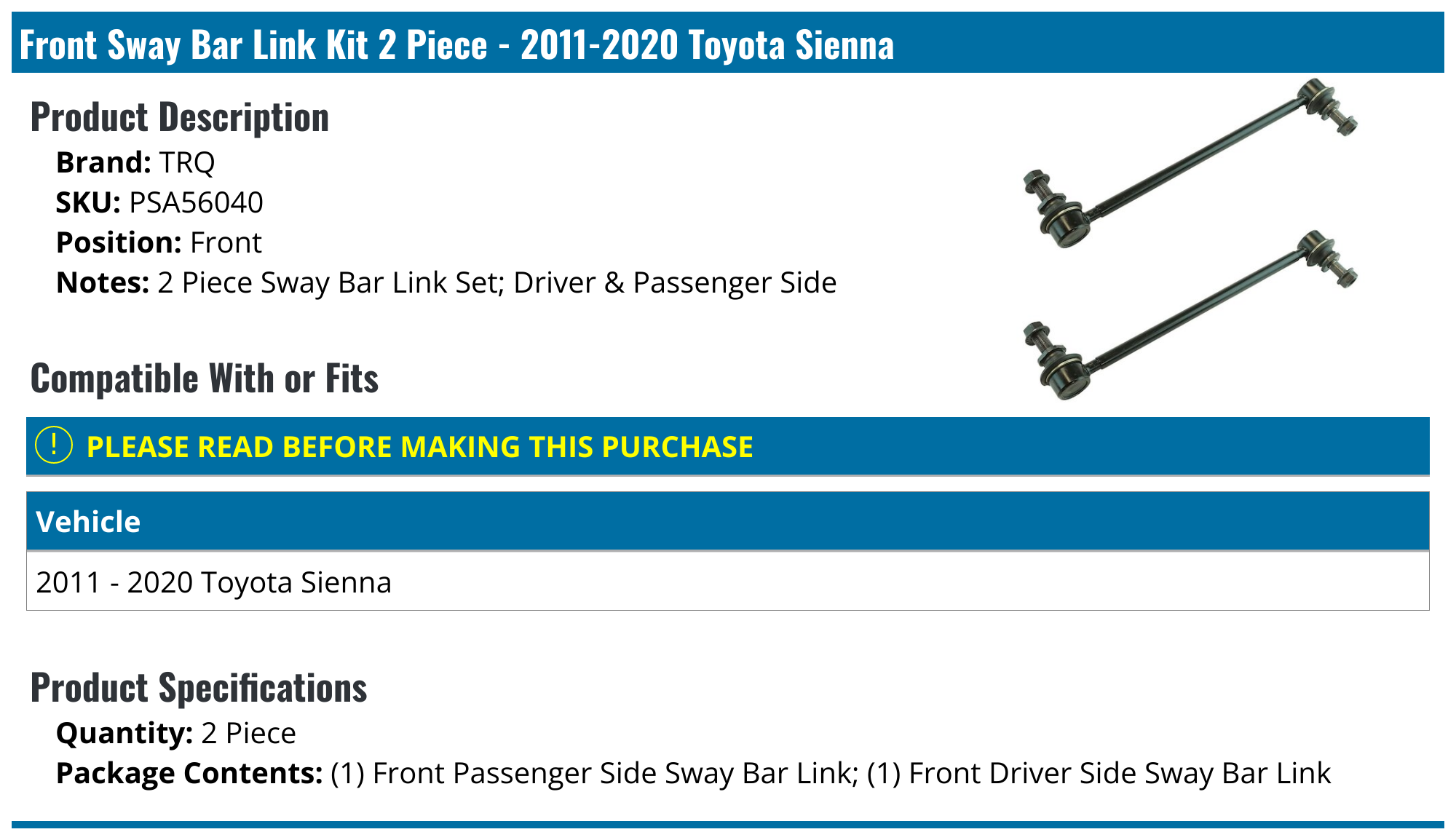 20112020 Toyota Sienna Sway Bar Link TRQ PSA56040 Front