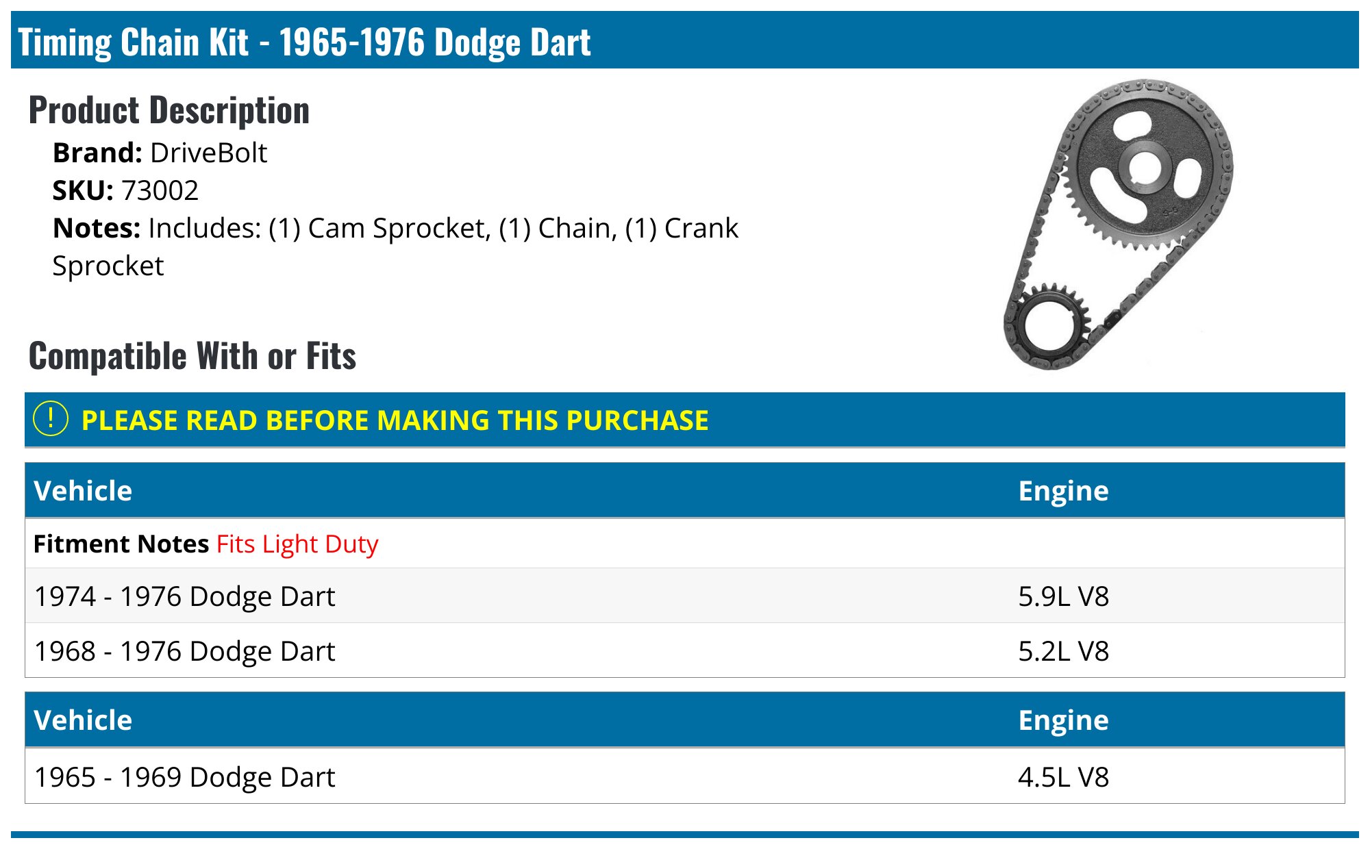 19651976 Dodge Dart Timing Chain DriveBolt 73002