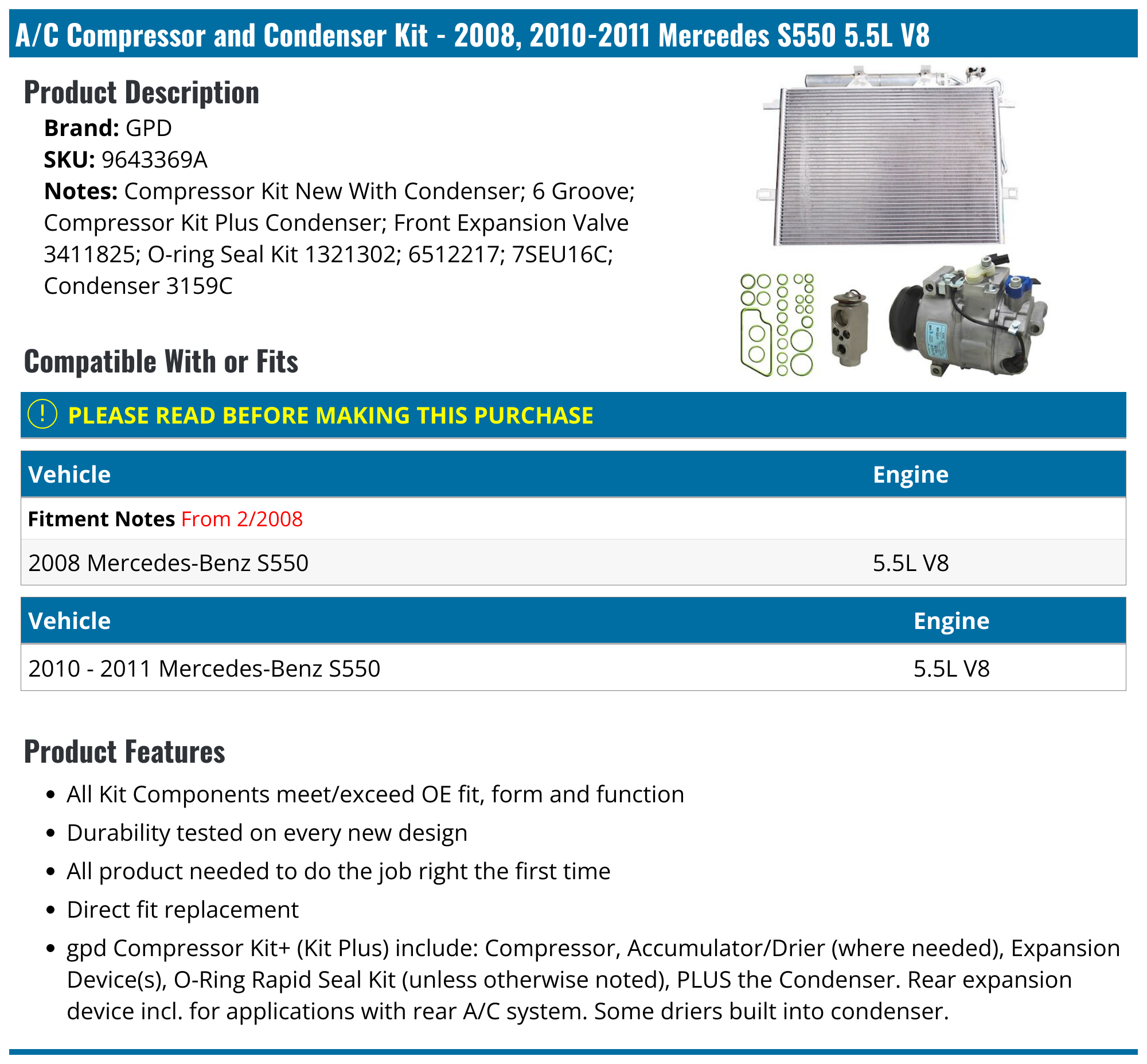 2008, 2010-2011 Mercedes S550 A/C Compressor - GPD 9643369A - PartsGeek.com
