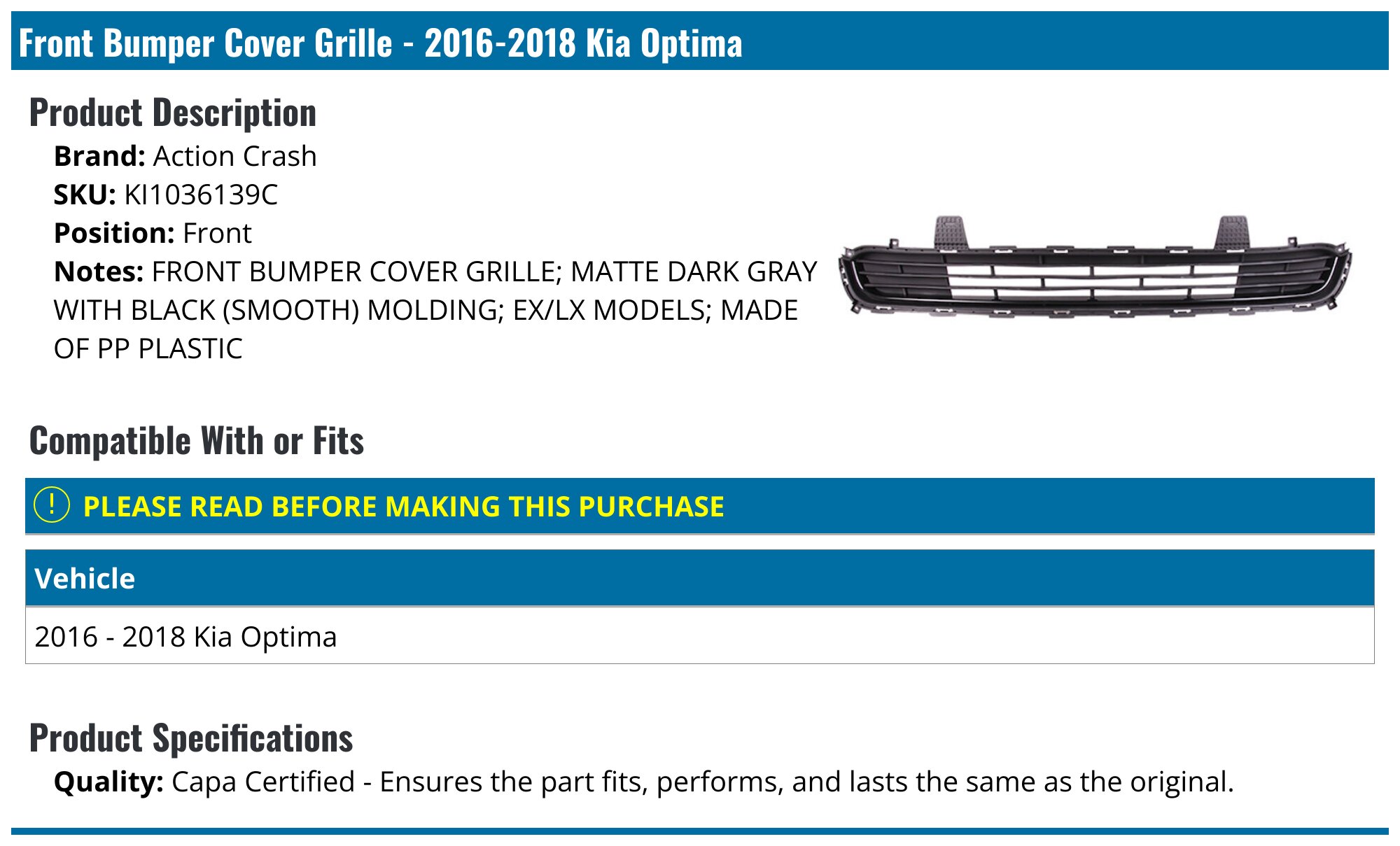 Front Bumper Grille For 2016-2018 Optima EX – US Built, Plastic, KI1036139