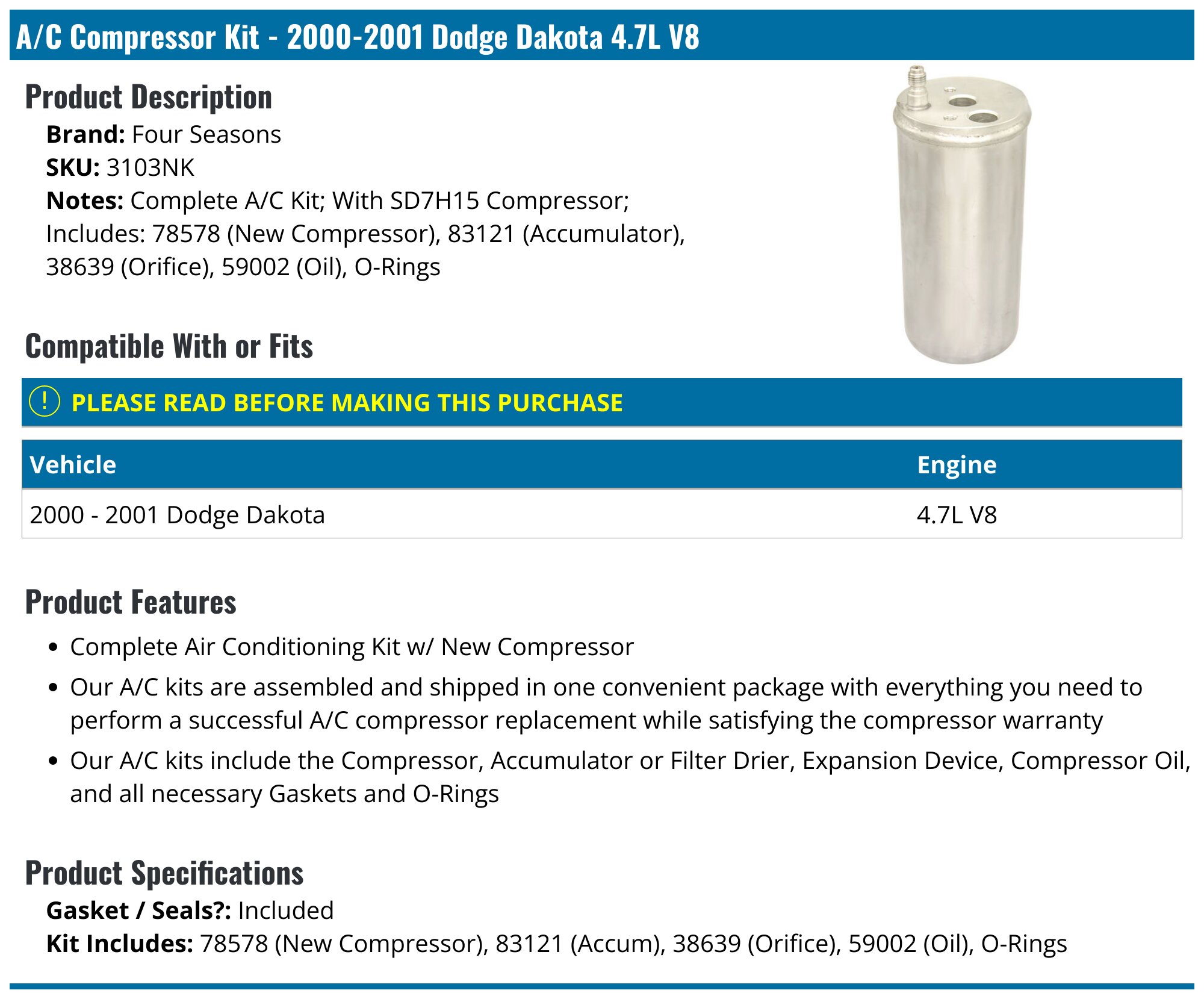 2000 Dodge Dakota AC Compressor